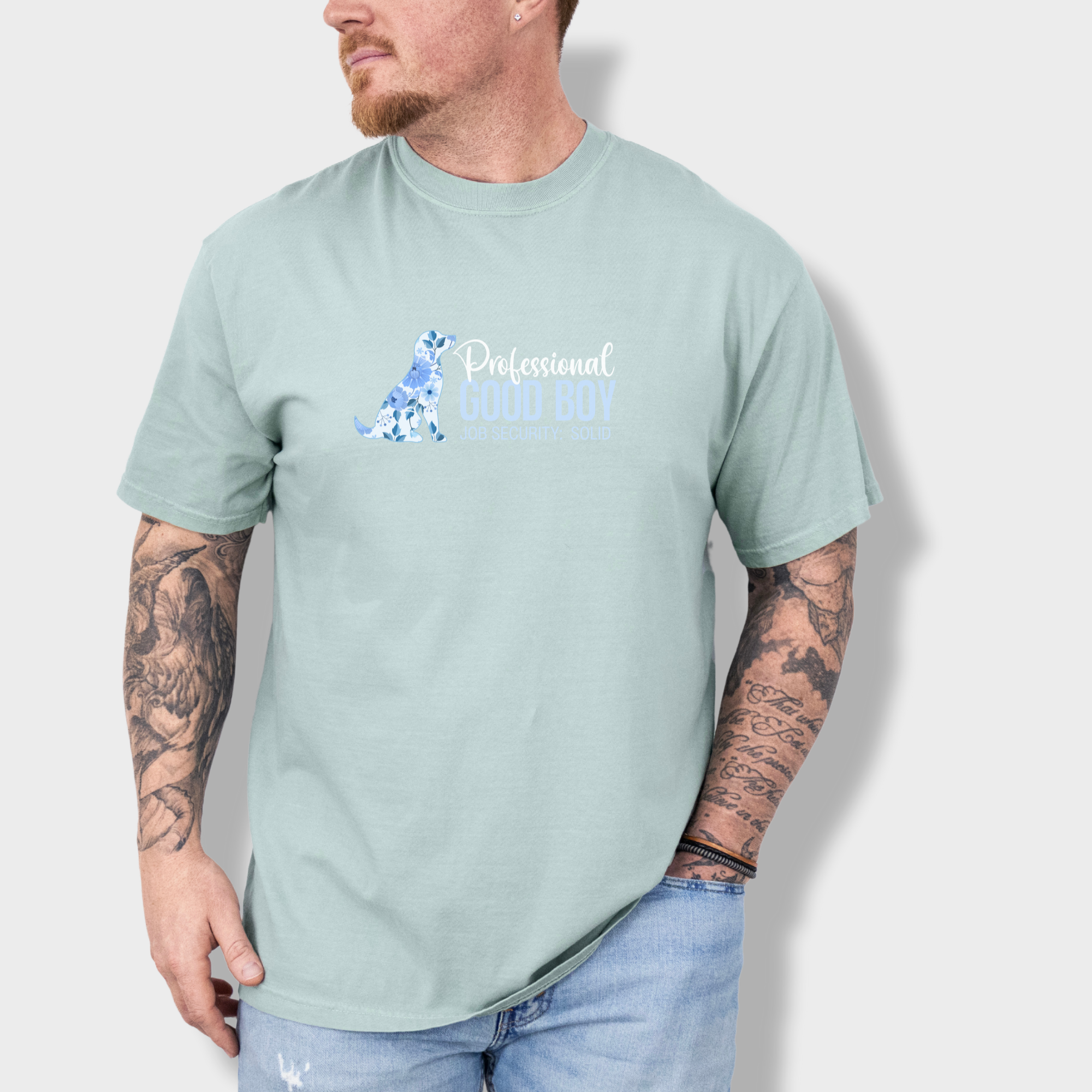 floral-professional-good-boy-solid-job-security-dog-graphic-comfort-colors-t-shirt-in-granite - Granite Lifestyle Male Model