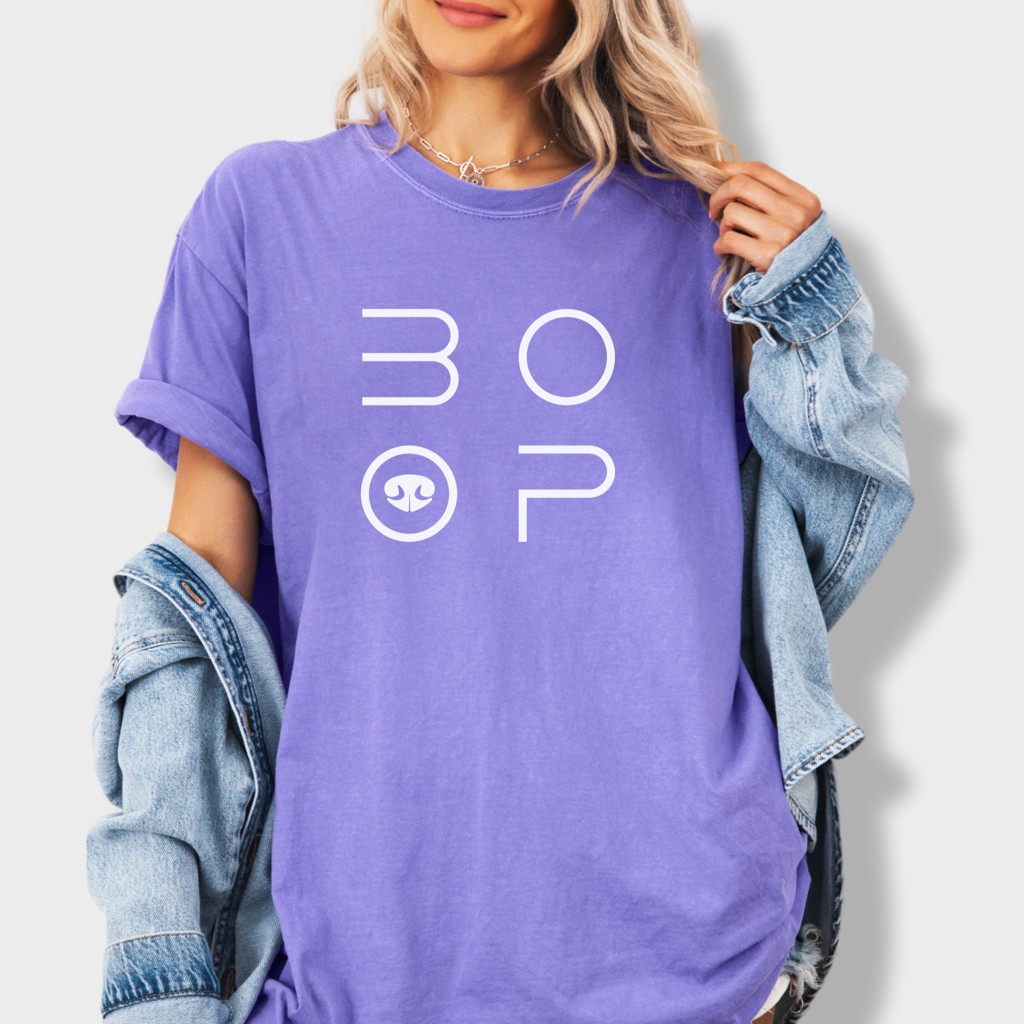 minimalist-boop-dog-nose-modern-text-design-dog-text-comfort-colors-t-shirt-in-violet - Violet Lifestyle Female Model