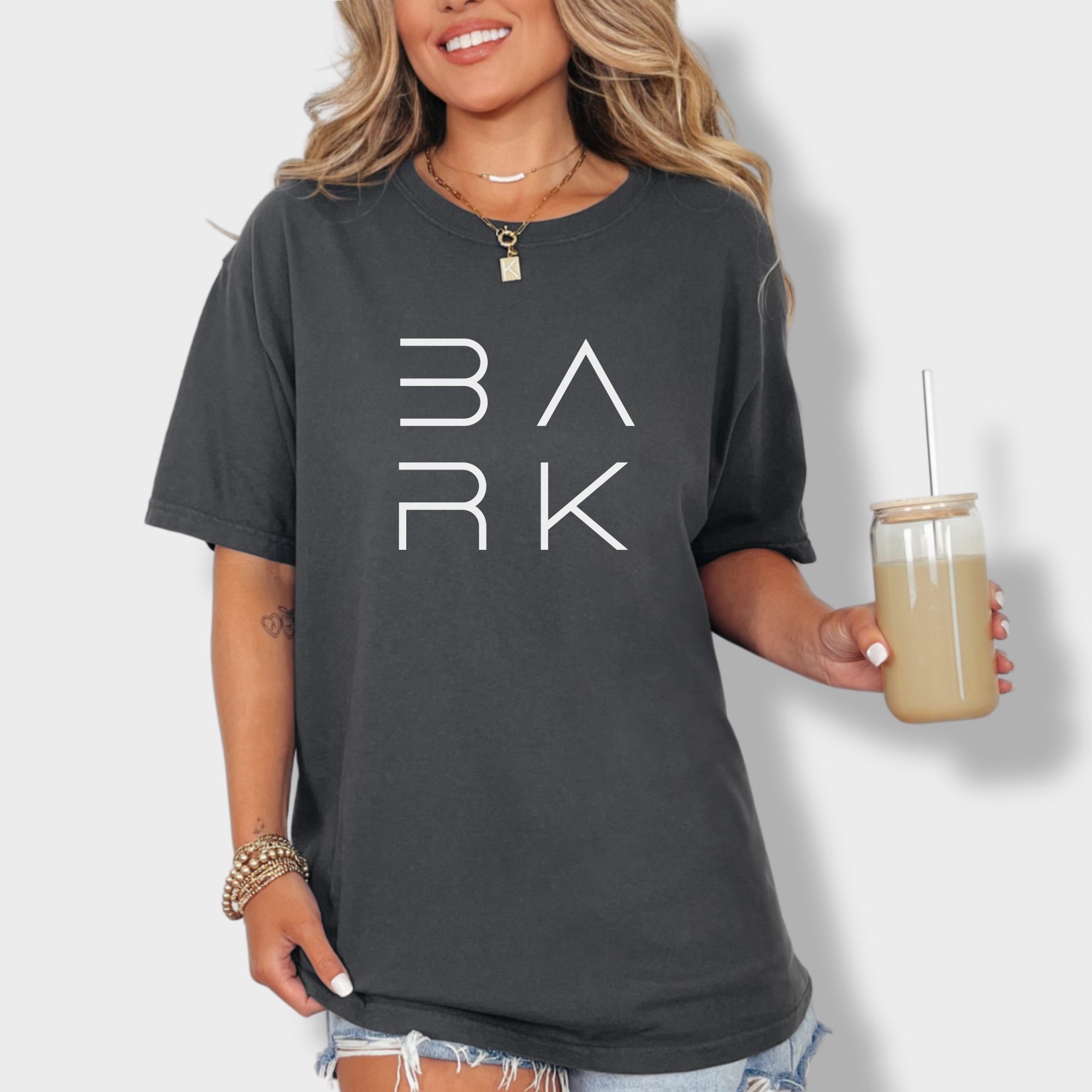 minimalist-bark-modern-text-design-dog-text-comfort-colors-t-shirt-in-graphite - Graphite Lifestyle Female Model