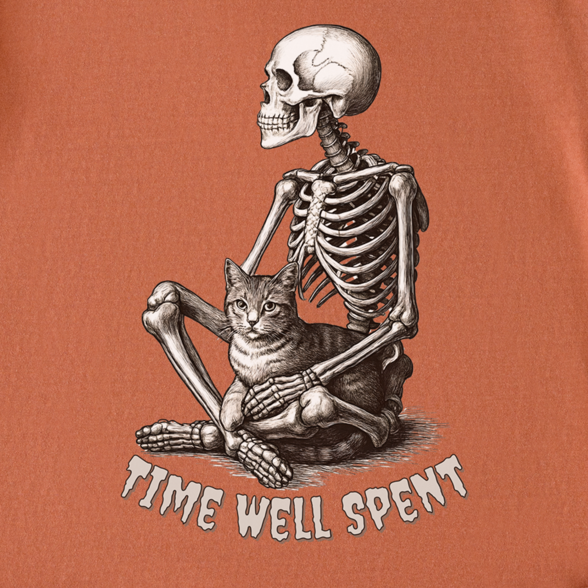 line-art-sit-still-skeleton-petting-cat-cat-skeleton-comfort-colors-t-shirt-in-yam - Yam Full Graphic