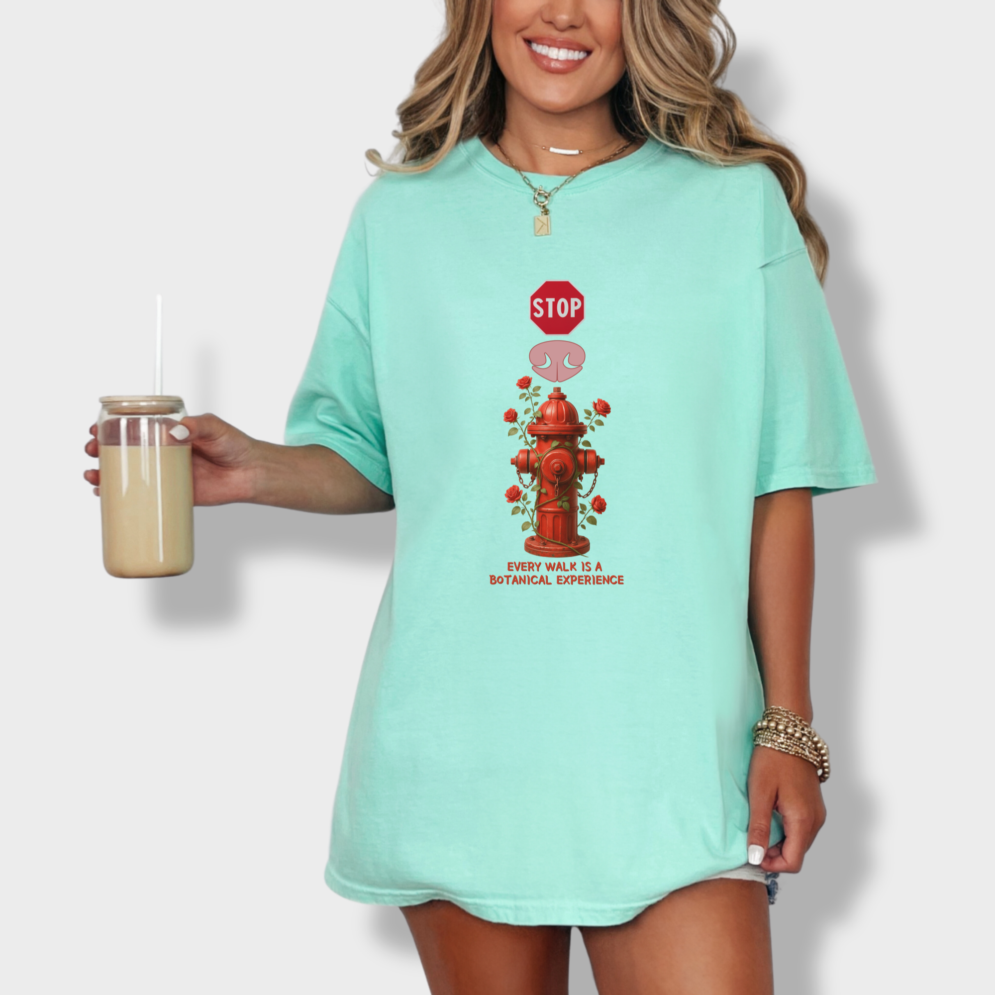 floral-every-walk-is-a-botanical-experience-dog-graphic-comfort-colors-t-shirt-in-island-reef - Island Reef Lifestyle Female Model