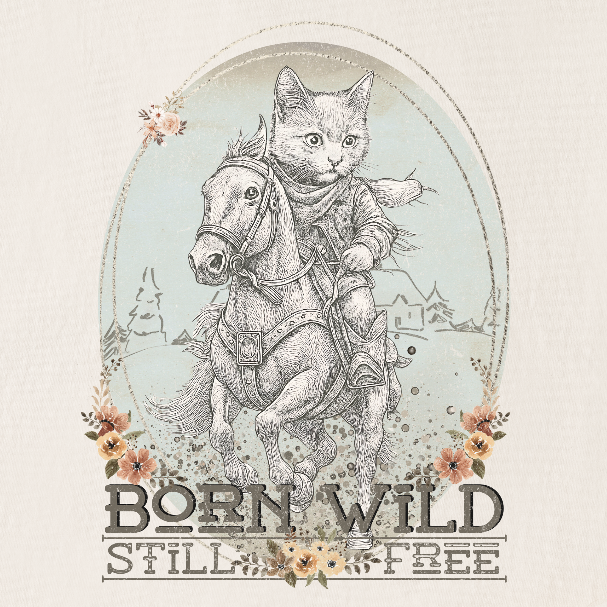 western-born-wild-still-free-gritty-kitty-cowboy-cat-line-art-comfort-colors-t-shirt-in-ivory - Ivory Full Graphic