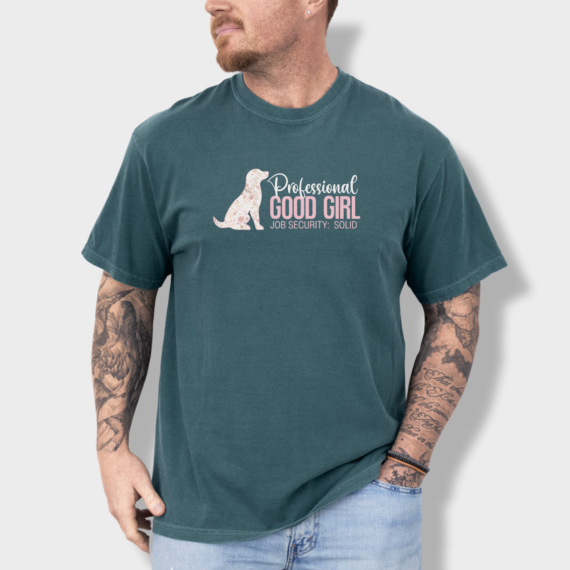 floral-professional-good-girl-solid-job-security-dog-graphic-comfort-colors-t-shirt-in-blue-spruce - Blue Spruce Lifestyle Male Model