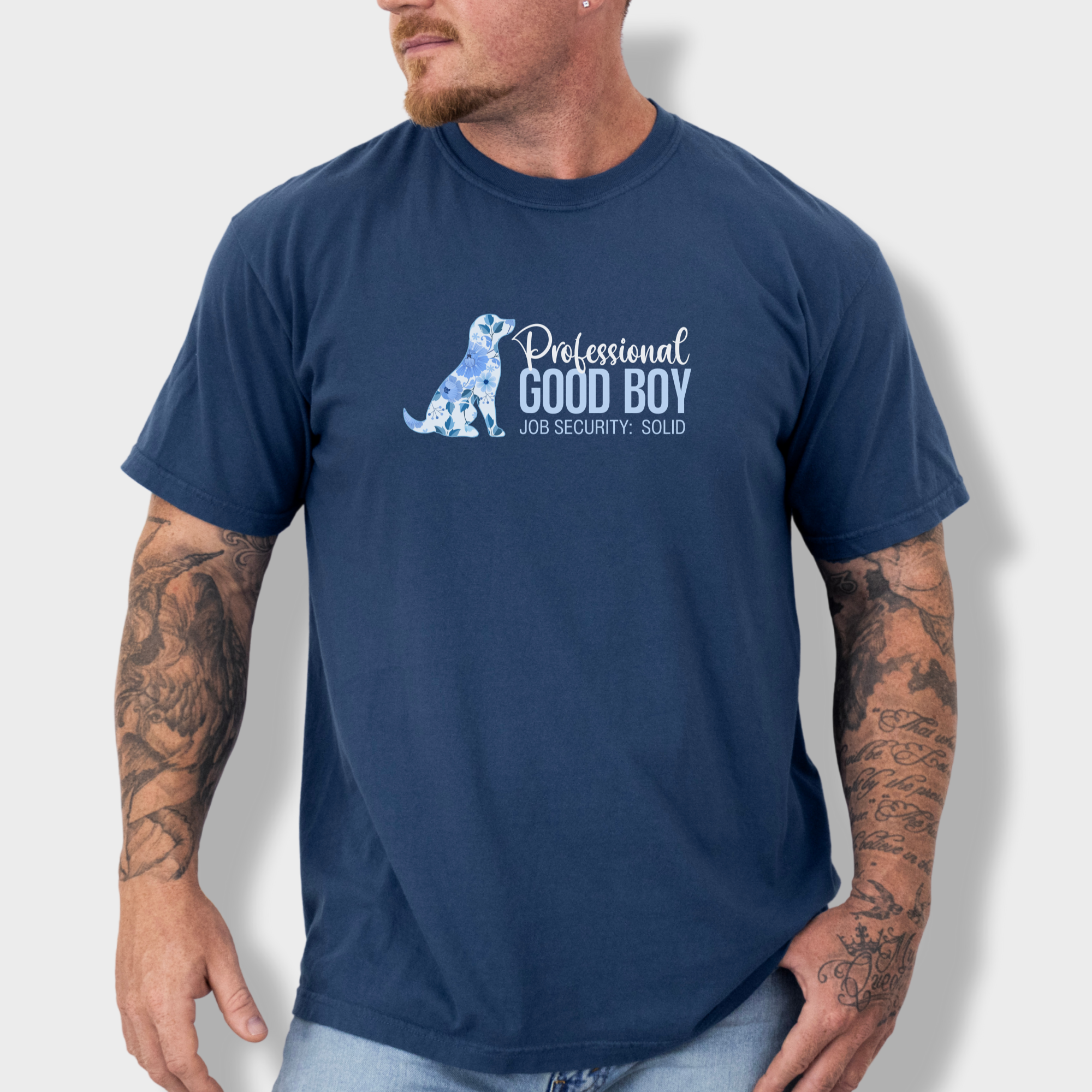 floral-professional-good-boy-solid-job-security-dog-graphic-comfort-colors-t-shirt-in-midnight - Midnight Lifestyle Male Model