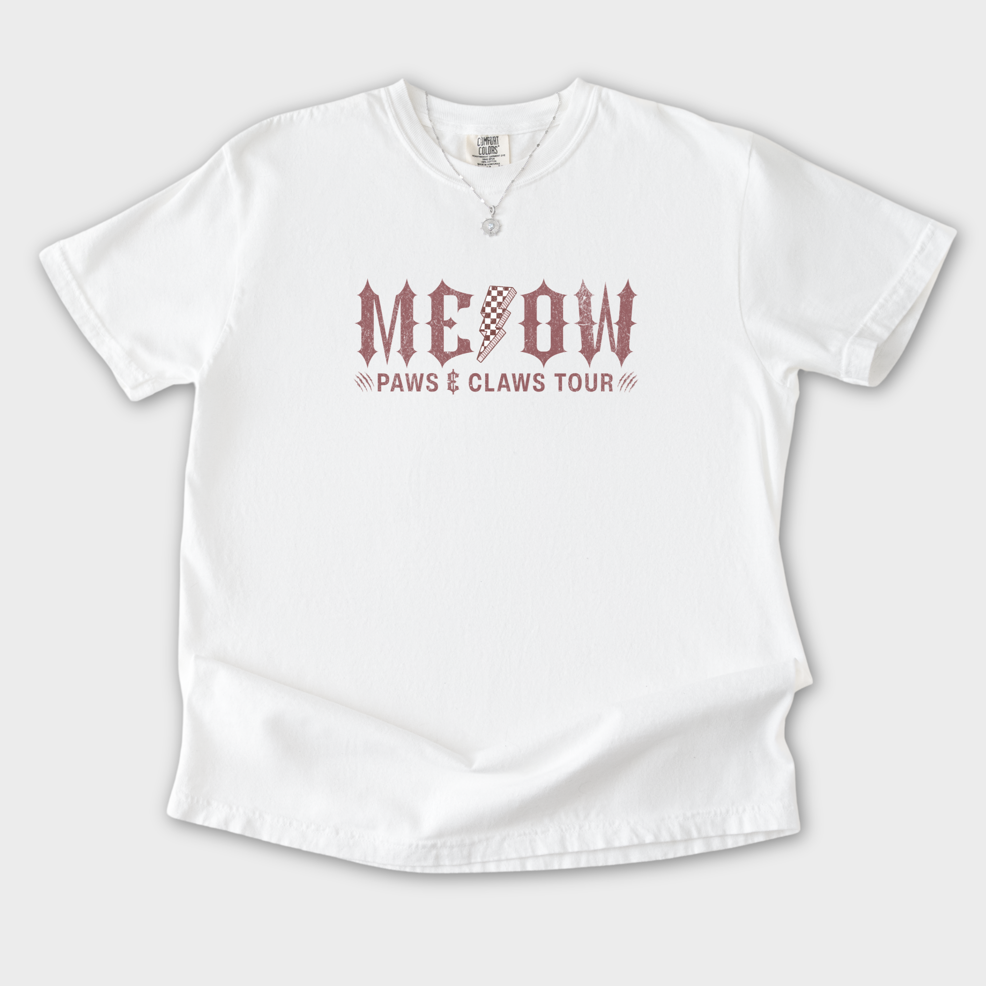retro-meow-paws-and-claws-tour-cat-graphic-comfort-colors-t-shirt-in-white - White Flat Lay Front