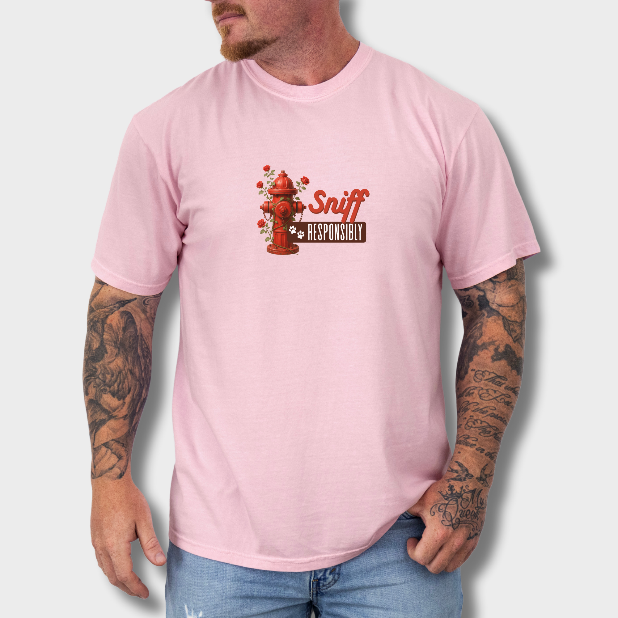 floral-sniff-responsibly-dog-graphic-comfort-colors-t-shirt-in-blossom - Blossom Lifestyle Male Model