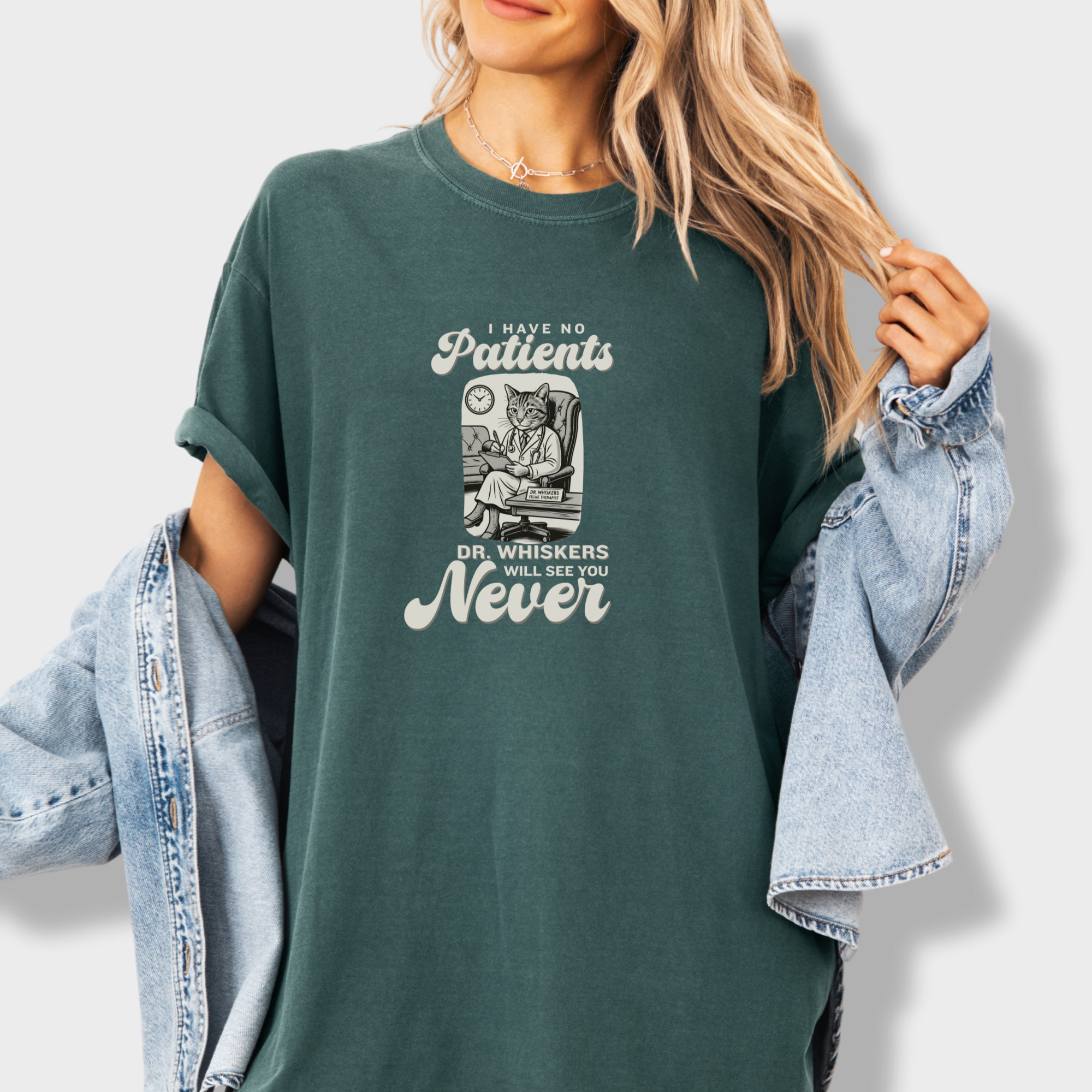 retro-i-have-no-patients-cat-graphic-comfort-colors-t-shirt-in-blue-spruce - Blue Spruce Lifestyle Female Model