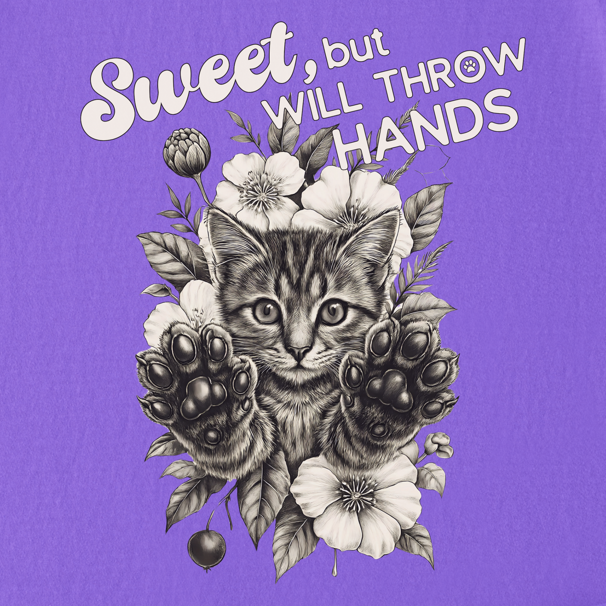 minimalist-sweet-but-will-throw-hands-cat-text-comfort-colors-t-shirt-in-violet - Violet Full Graphic