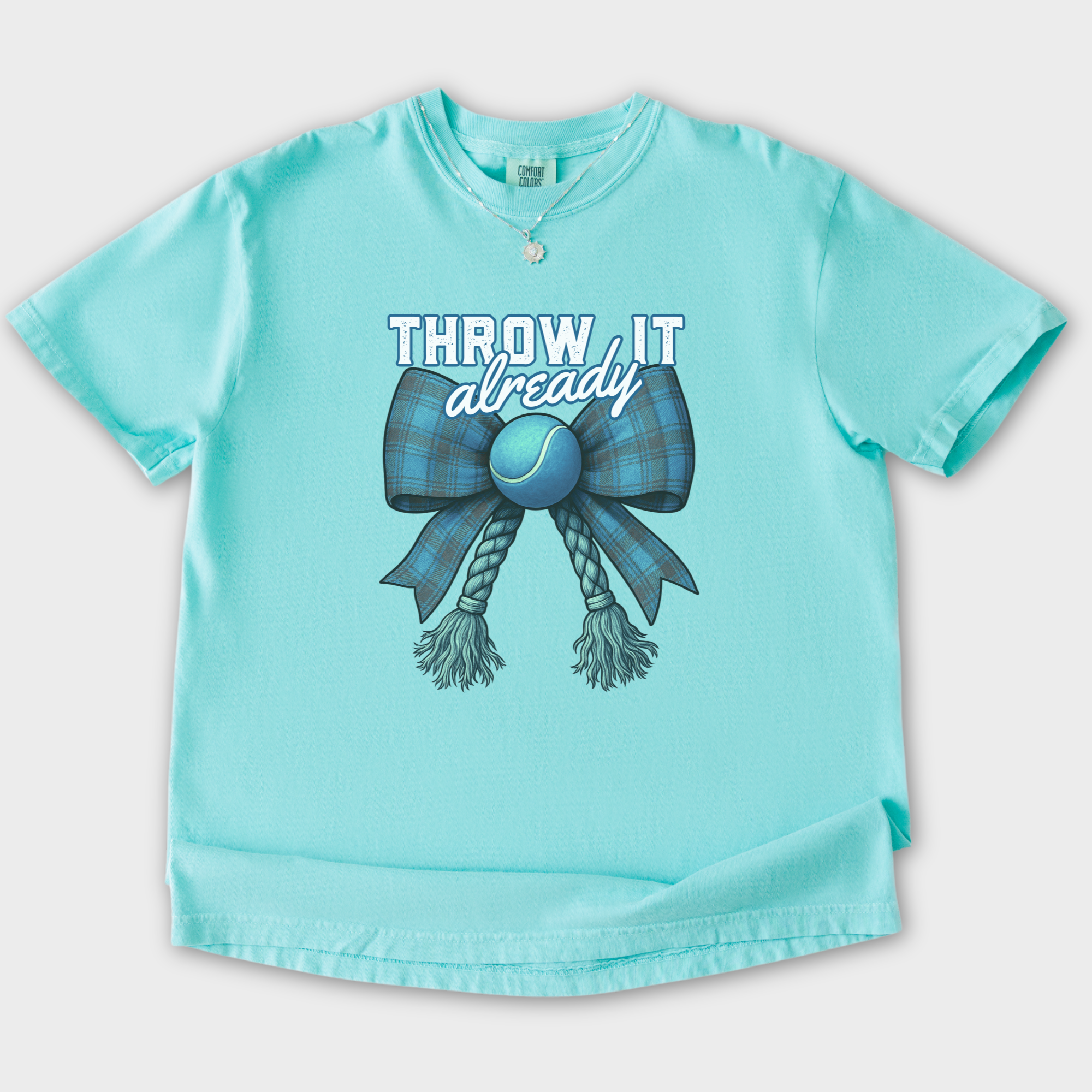 retro-throw-it-already-dog-chew-toy-bow-in-blue-dog-bow-comfort-colors-t-shirt-in-chalky-mint - Chalky Mint Flat Lay Front