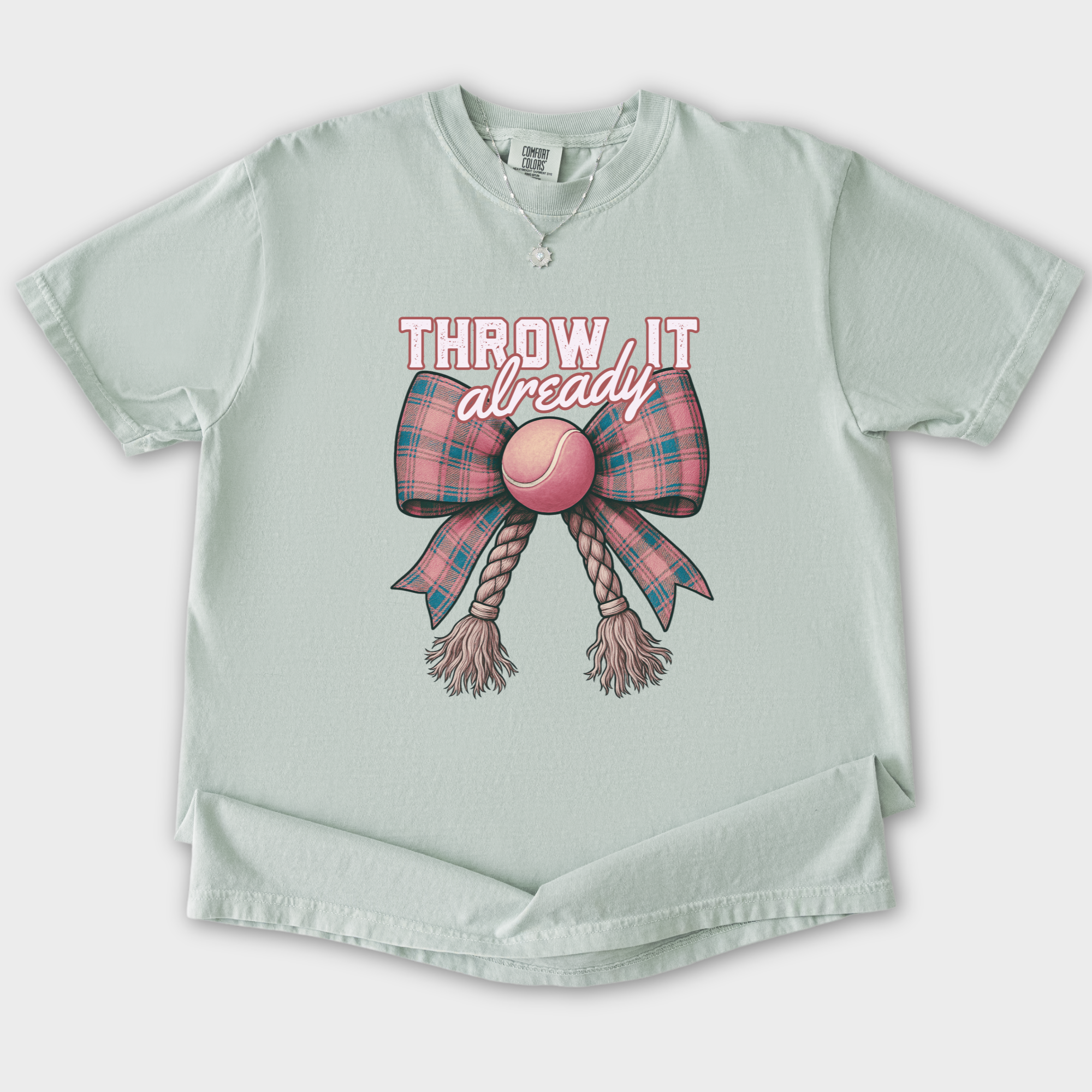 retro-throw-it-already-dog-chew-toy-bow-in-pink-dog-bow-comfort-colors-t-shirt-in-granite - Granite Flat Lay Front