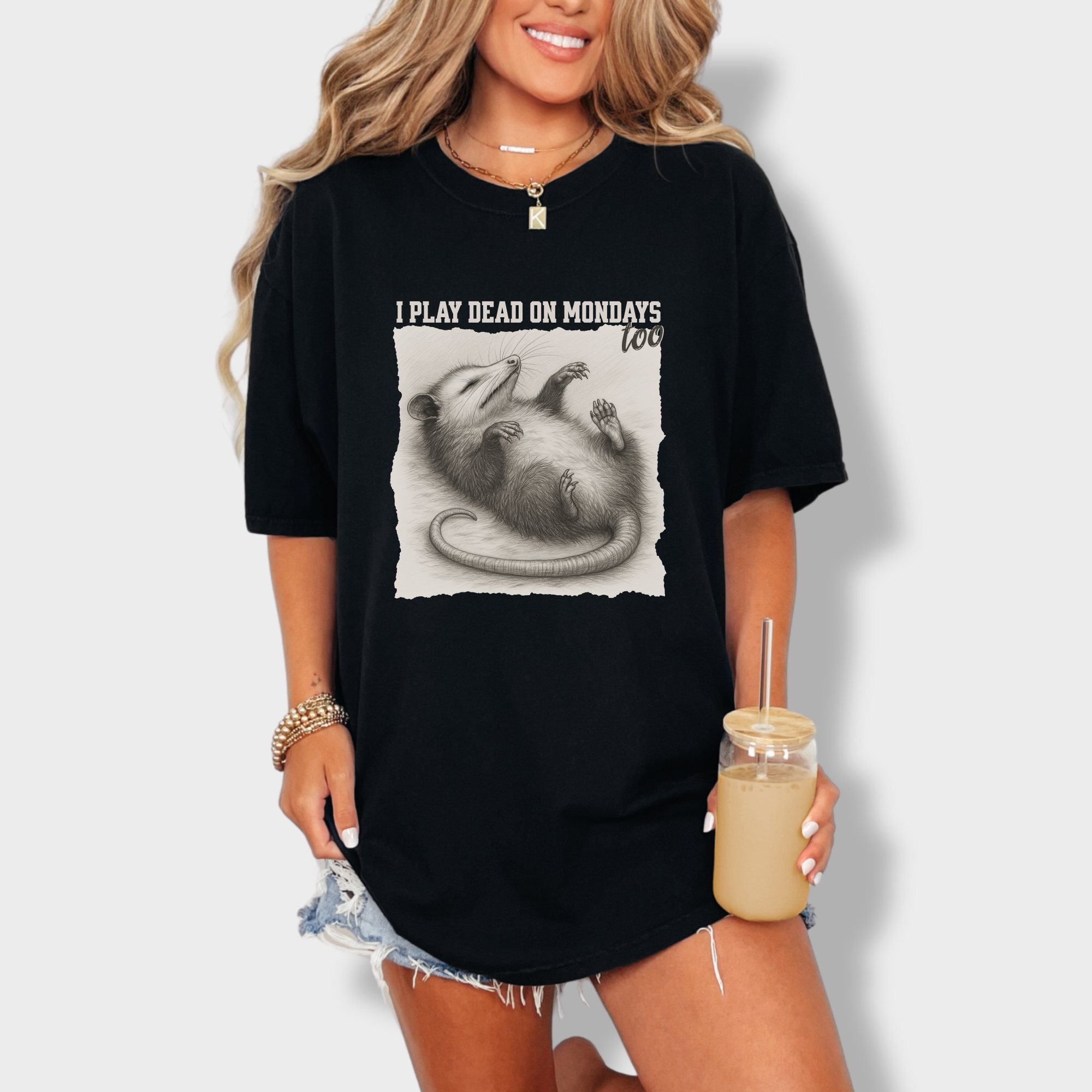western-i-play-dead-on-mondays-too-feral-line-art-comfort-colors-t-shirt-in-black - Black Lifestyle Female Model