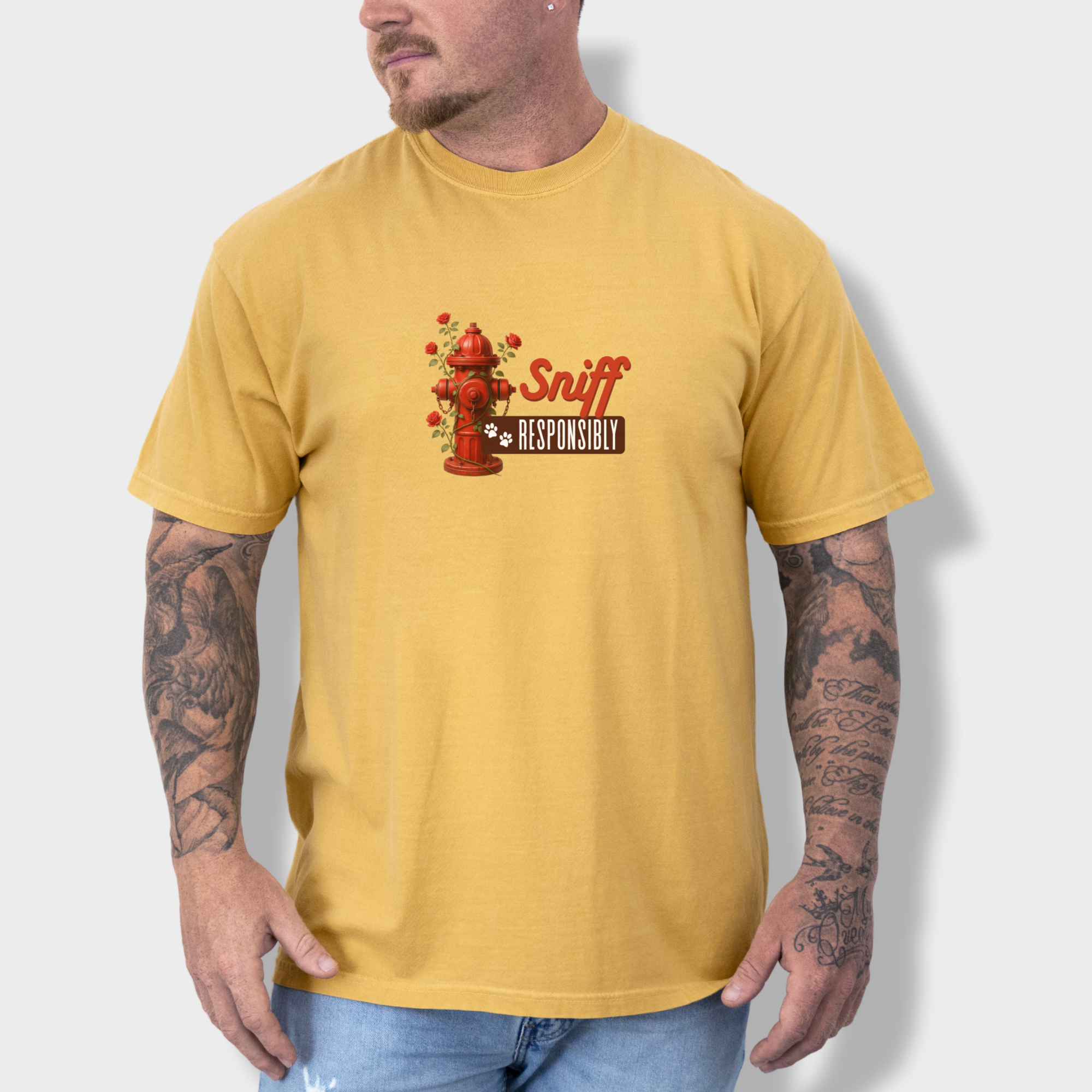 floral-sniff-responsibly-dog-graphic-comfort-colors-t-shirt-in-mustard - Mustard Lifestyle Male Model