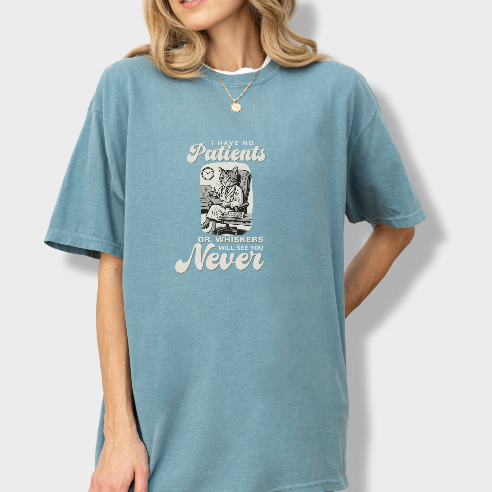 retro-i-have-no-patients-cat-graphic-comfort-colors-t-shirt-in-ice-blue - Ice Blue Lifestyle Female Model