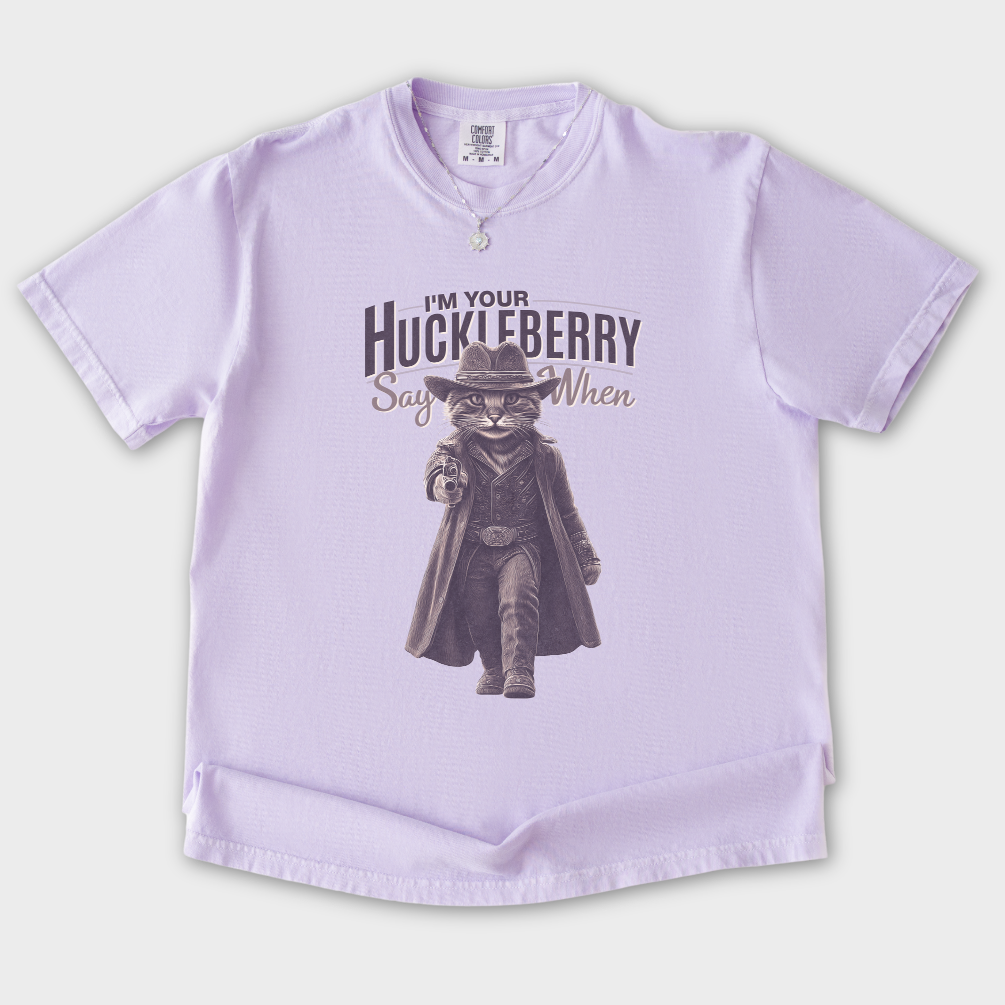 vintage-not-just-a-quote-im-your-huckleberry-cat-graphic-comfort-colors-t-shirt-in-orchid - Orchid Flat Lay Front