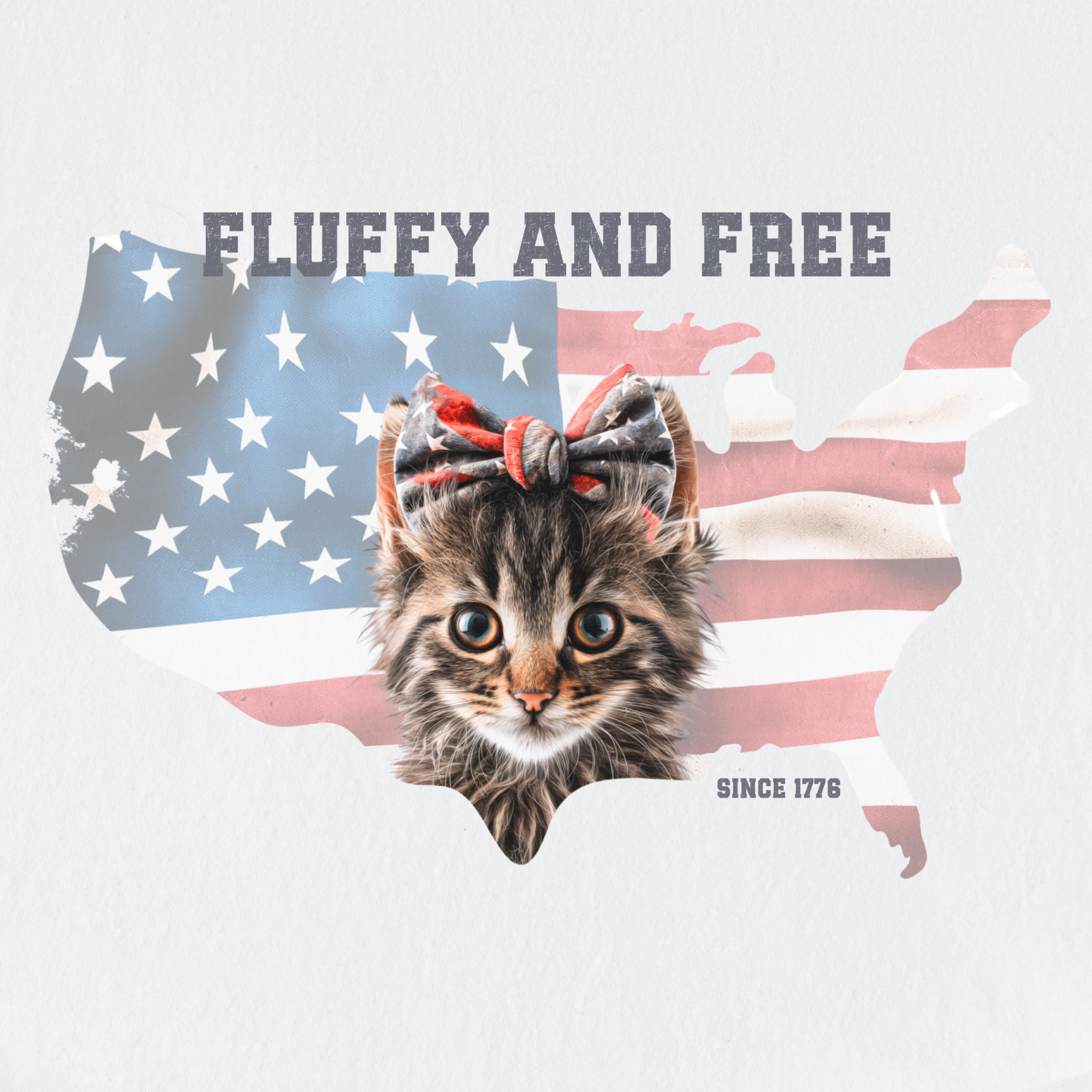 retro-fluffy-and-free-fourth-of-july-kitty-cat-graphic-comfort-colors-t-shirt-in-white - White Full Graphic