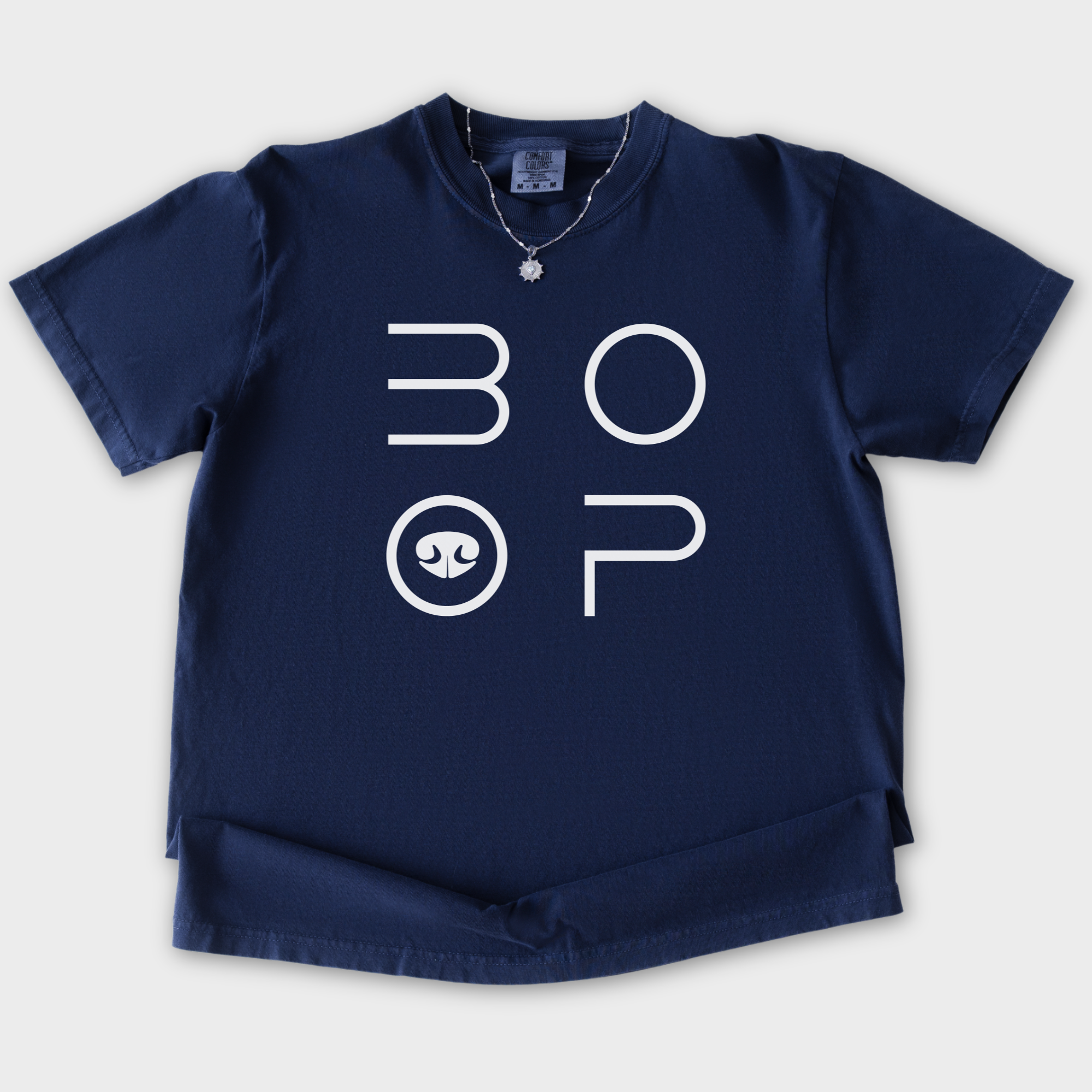 minimalist-boop-dog-nose-modern-text-design-dog-text-comfort-colors-t-shirt-in-true-navy - True Navy Flat Lay Front