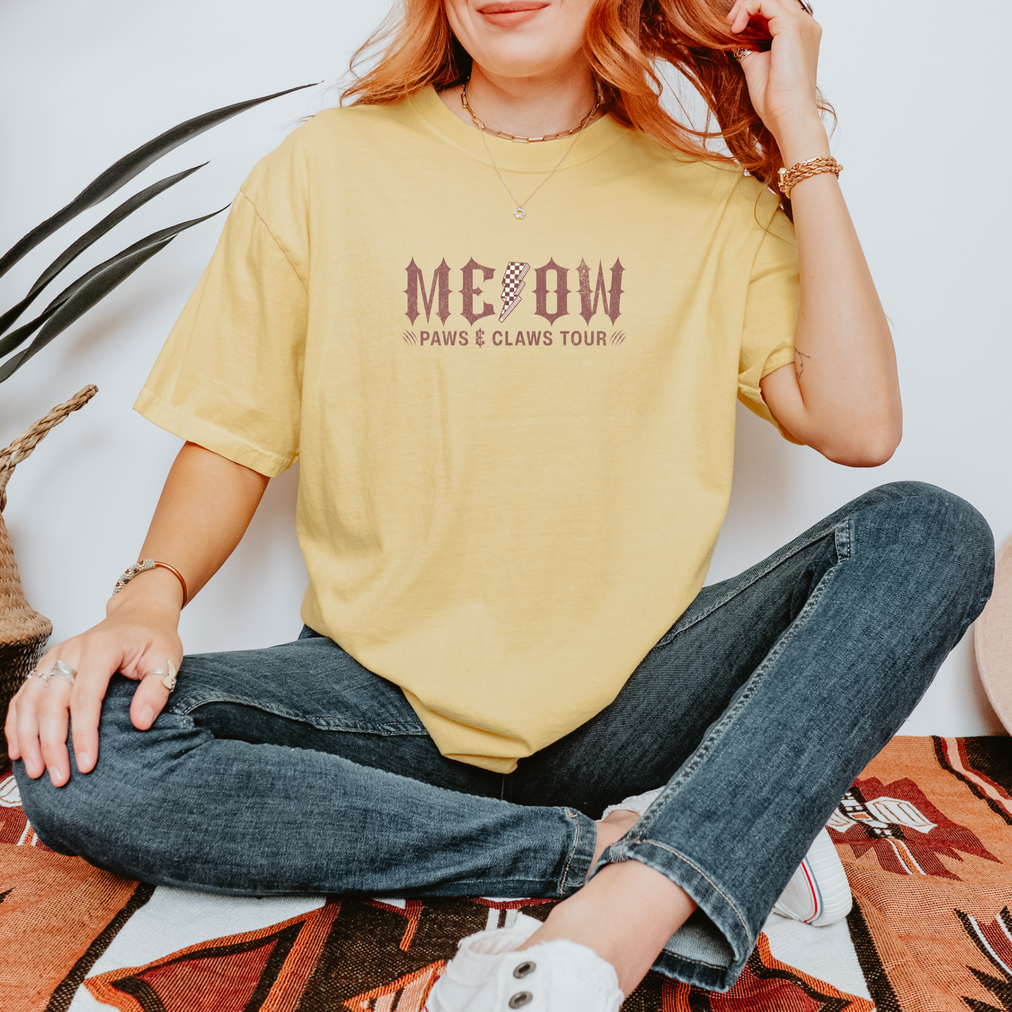 retro-meow-paws-and-claws-tour-cat-graphic-comfort-colors-t-shirt-in-butter - Butter Lifestyle Male Model