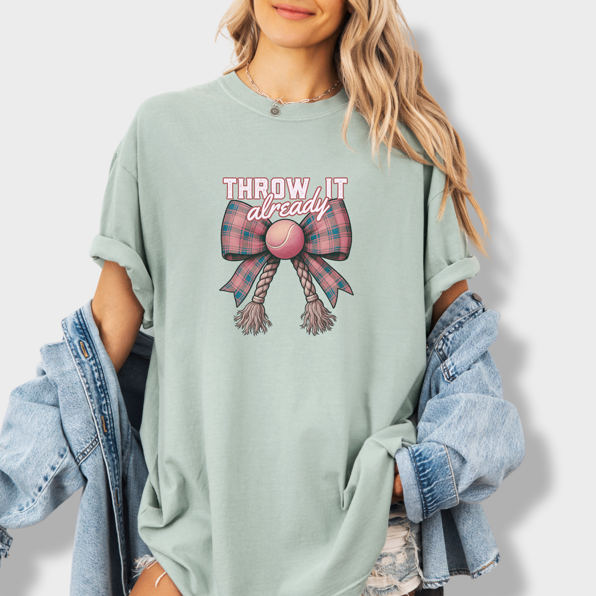 retro-throw-it-already-dog-chew-toy-bow-in-pink-dog-bow-comfort-colors-t-shirt-in-granite - Granite Lifestyle Female Model