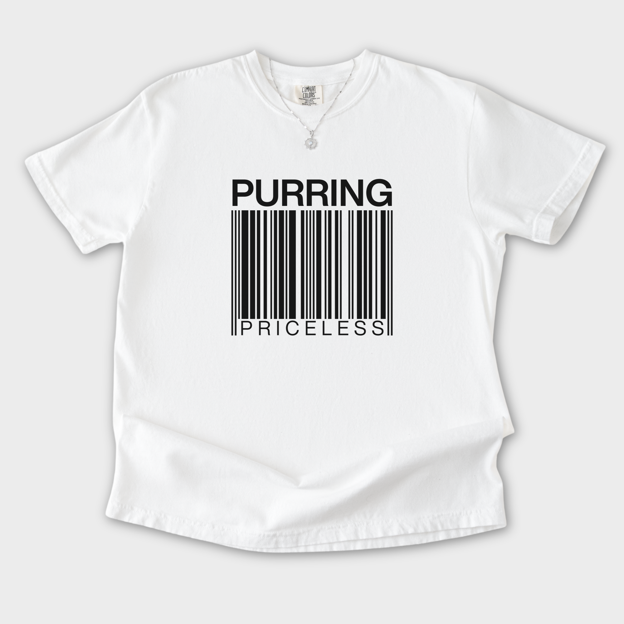 modern-purring-is-priceless-barcode-cat-graphic-comfort-colors-t-shirt-in-white - White Flat Lay Front