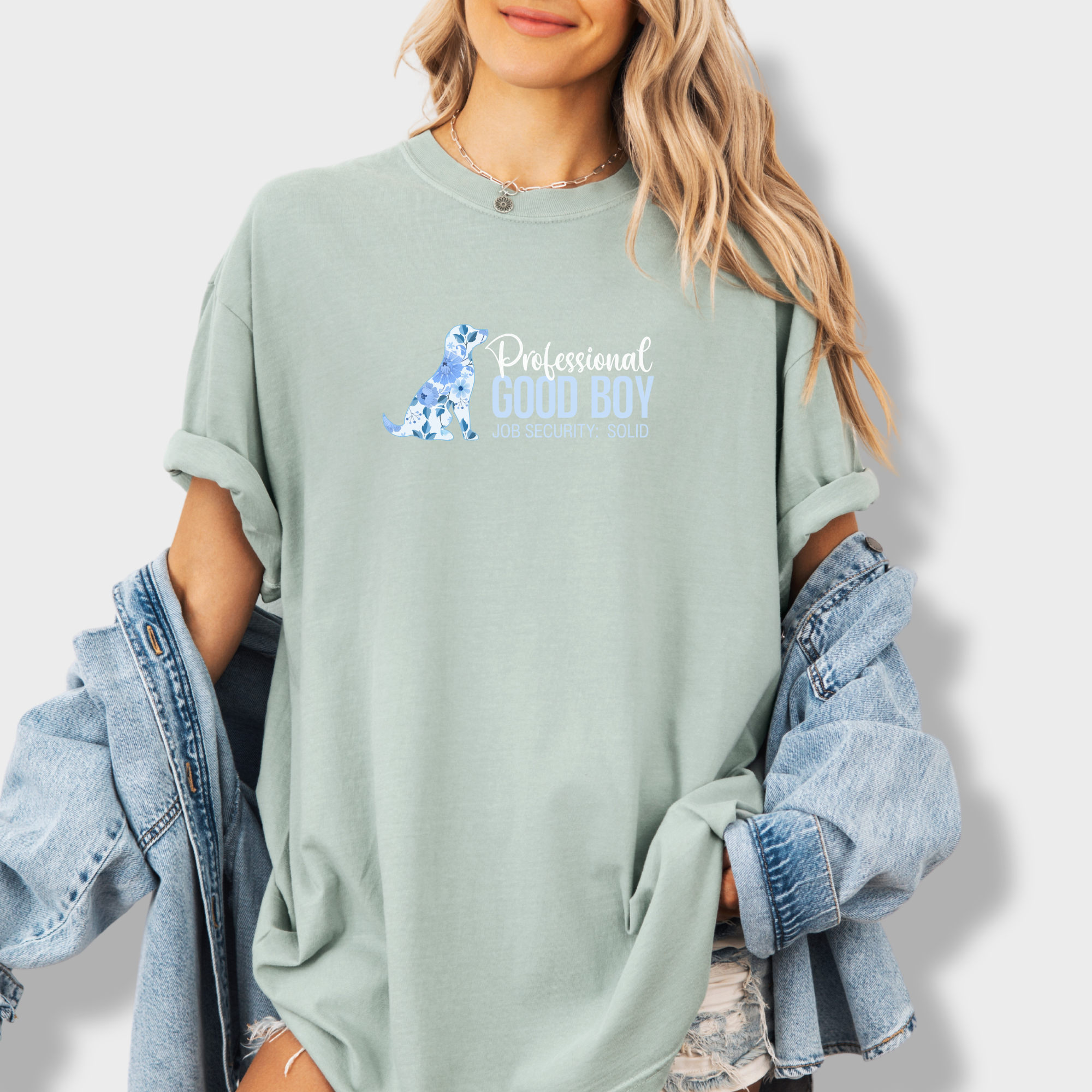 floral-professional-good-boy-solid-job-security-dog-graphic-comfort-colors-t-shirt-in-granite - Granite Lifestyle Female Model