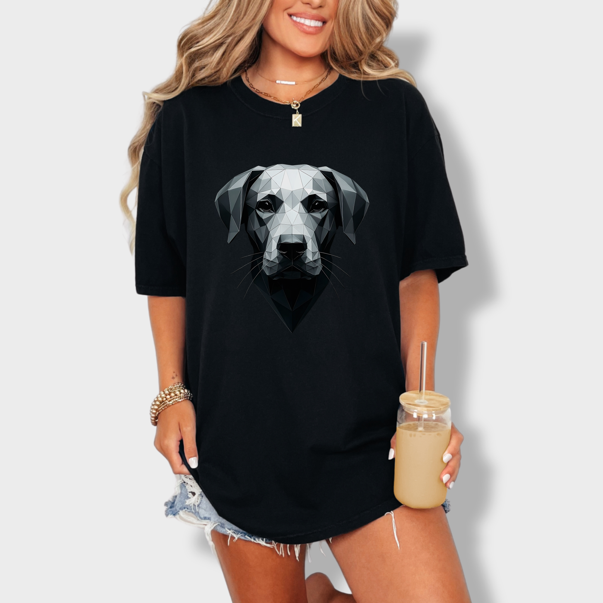 artistic-geometric-dog-dog-graphic-comfort-colors-t-shirt-in-black - Black Lifestyle Female Model