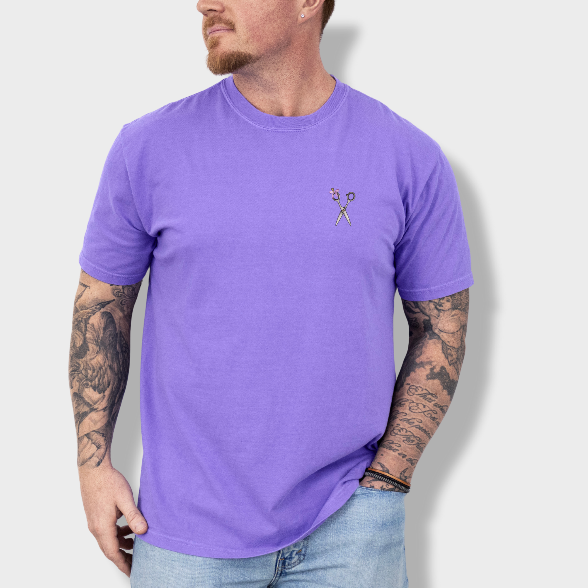 artistic-groomer-fluff-brush-stroke-dog-graphic-comfort-colors-t-shirt-in-violet - Violet Lifestyle Male Model