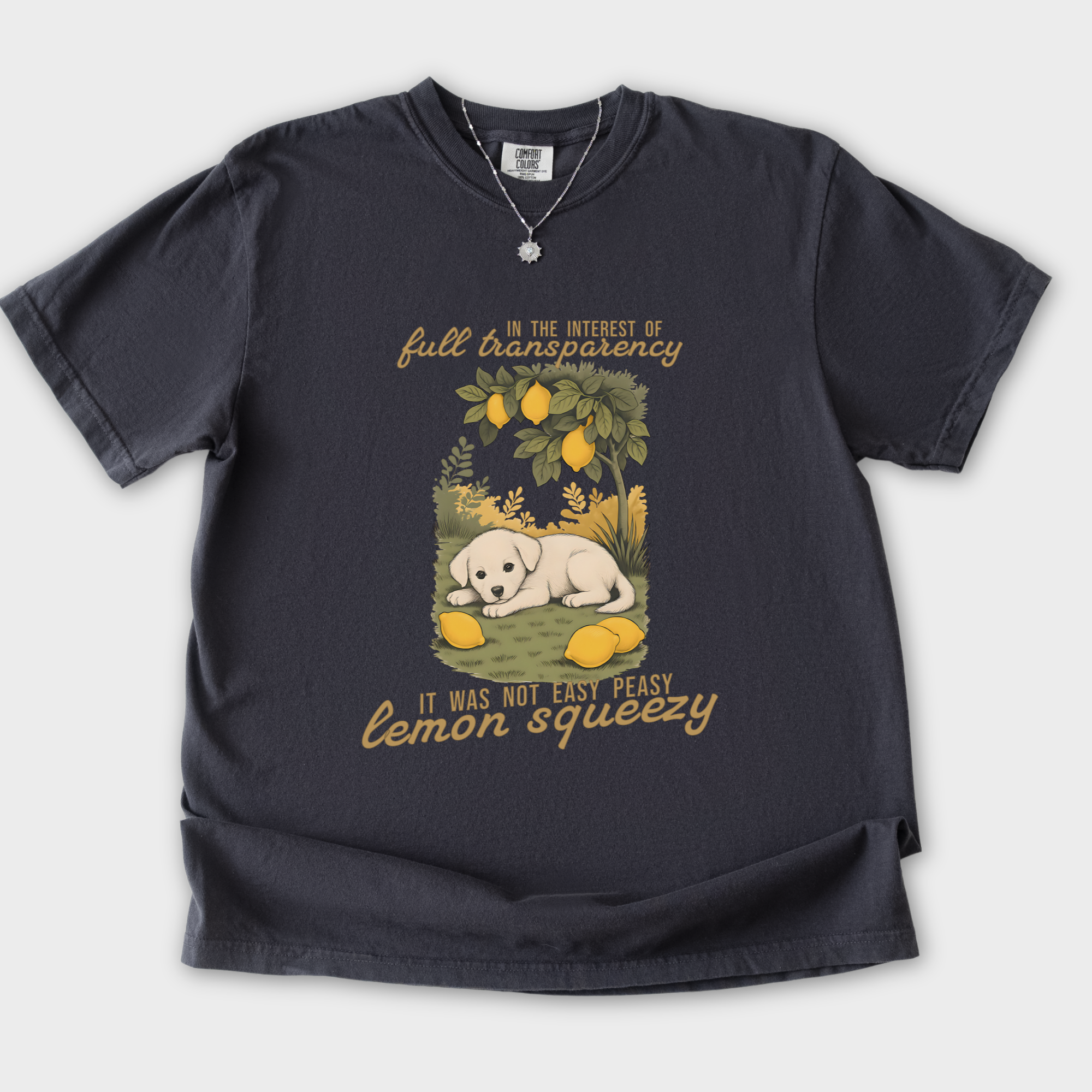 vintage-not-so-easy-lemon-squeezy-dog-dog-graphic-comfort-colors-t-shirt-in-graphite - Graphite Flat Lay Front