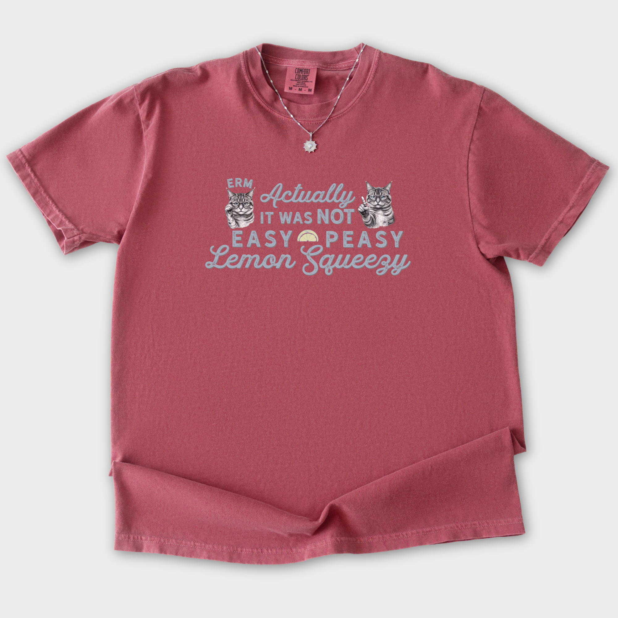 vintage-erm-actually-it-was-not-easy-peasy-lemon-squeezy-cat-line-art-comfort-colors-t-shirt-in-crimson - Crimson Flat Lay Front