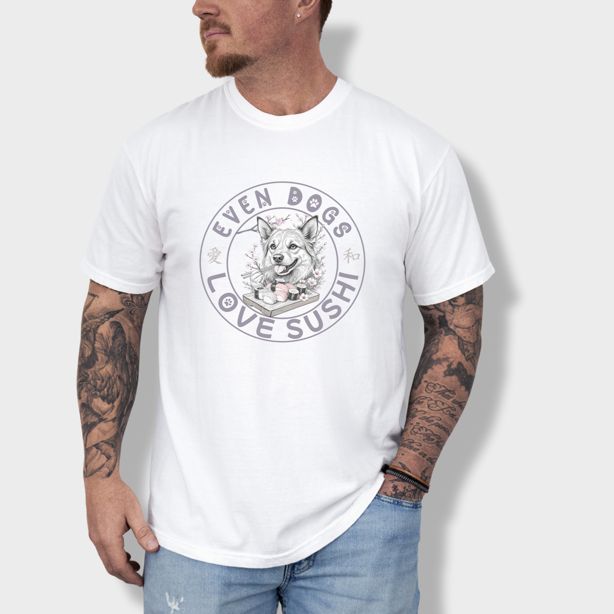 floral-even-dogs-love-sushi-plus-cherry-blossoms-dog-graphic-comfort-colors-t-shirt-in-white - White Lifestyle Male Model