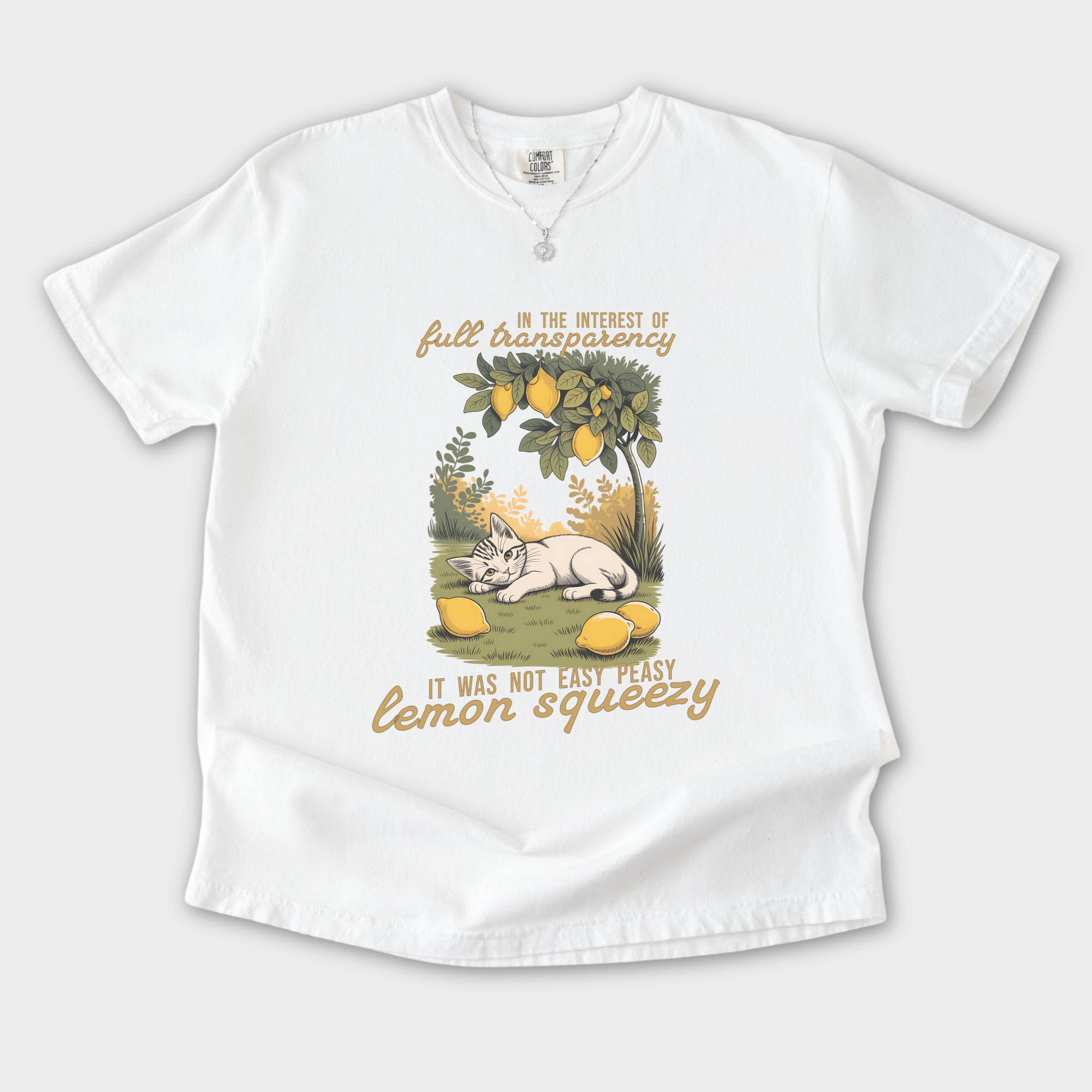 retro-not-so-easy-lemon-squeezy-cat-cat-graphic-comfort-colors-t-shirt-in-white - White Flat Lay Front