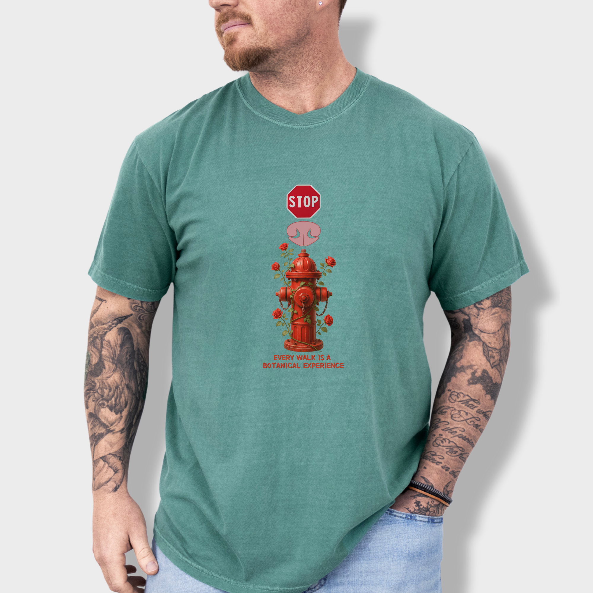 floral-every-walk-is-a-botanical-experience-dog-graphic-comfort-colors-t-shirt-in-light-green - Light Green Lifestyle Male Model