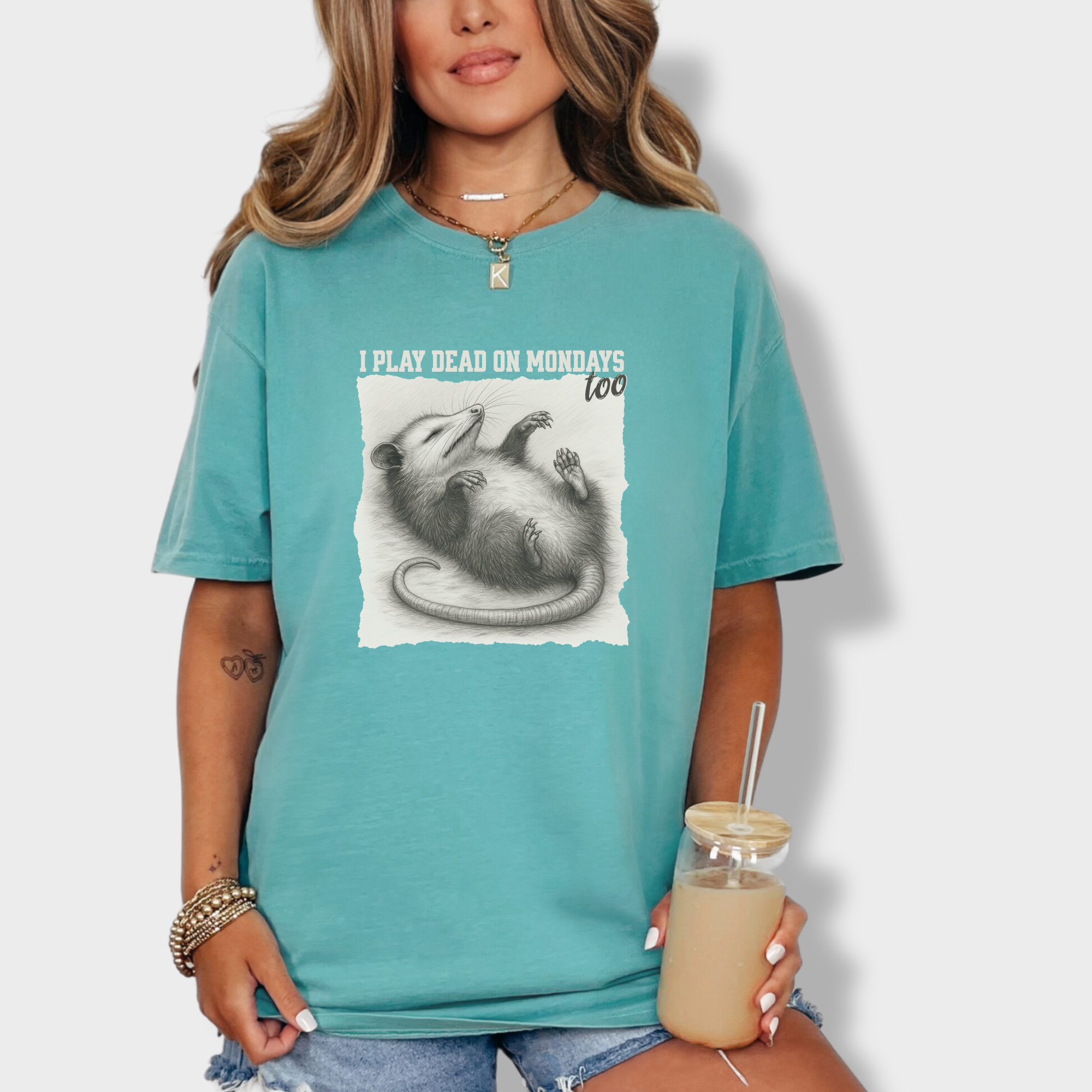 western-i-play-dead-on-mondays-too-feral-line-art-comfort-colors-t-shirt-in-seafoam - Seafoam Lifestyle Female Model