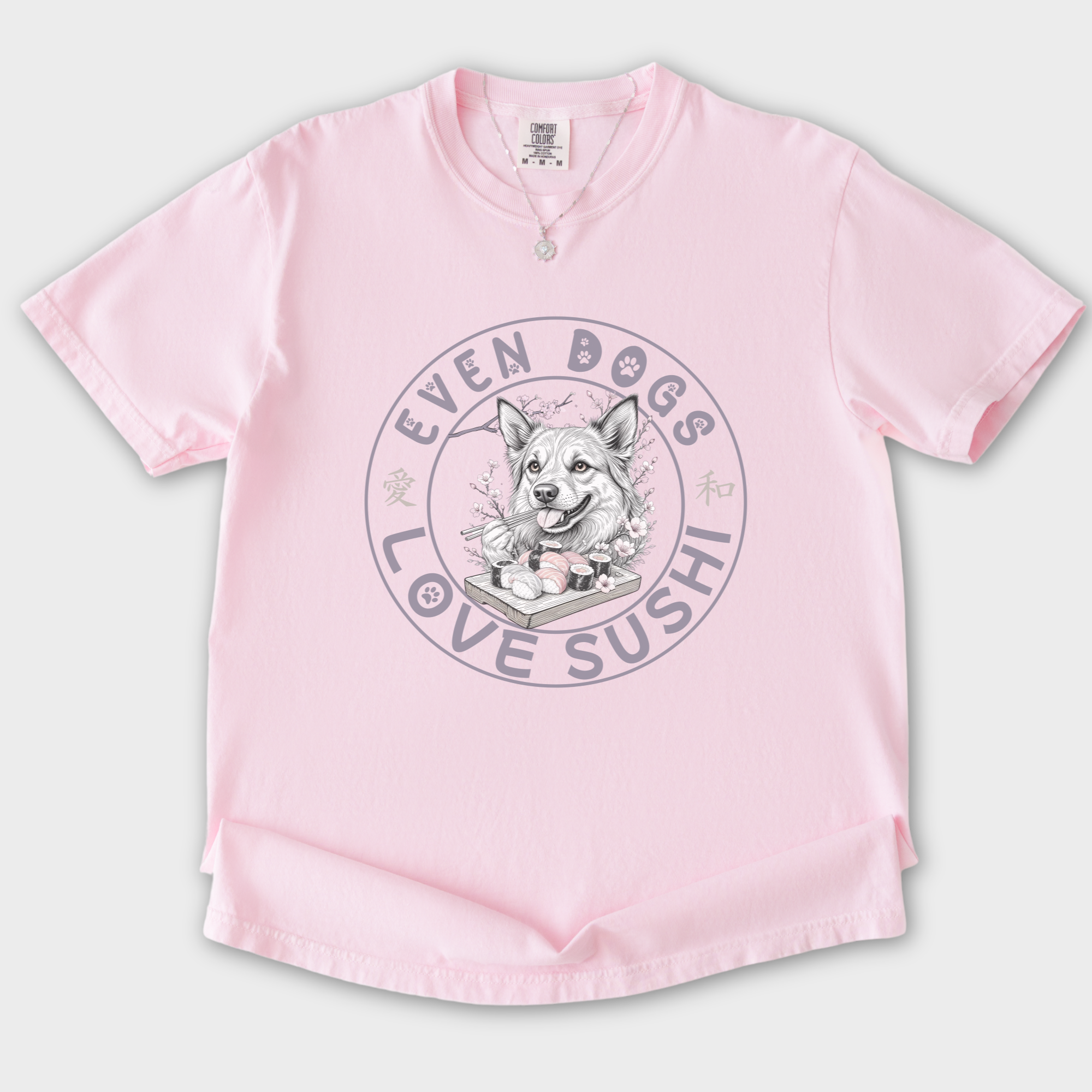 floral-even-dogs-love-sushi-plus-cherry-blossoms-dog-minimalist-comfort-colors-t-shirt-in-blossom - Blossom Flat Lay Front