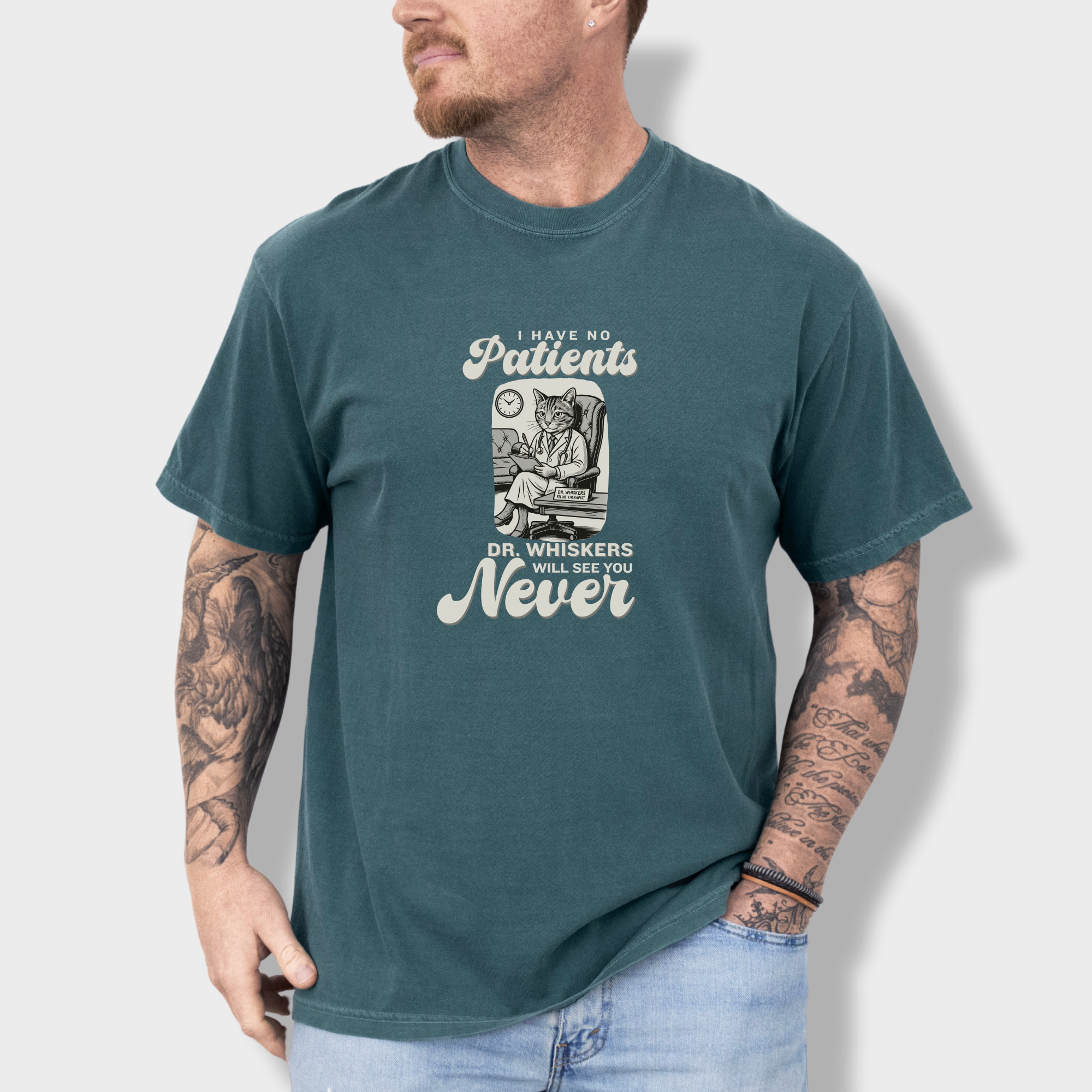retro-i-have-no-patients-cat-graphic-comfort-colors-t-shirt-in-blue-spruce - Blue Spruce Lifestyle Male Model