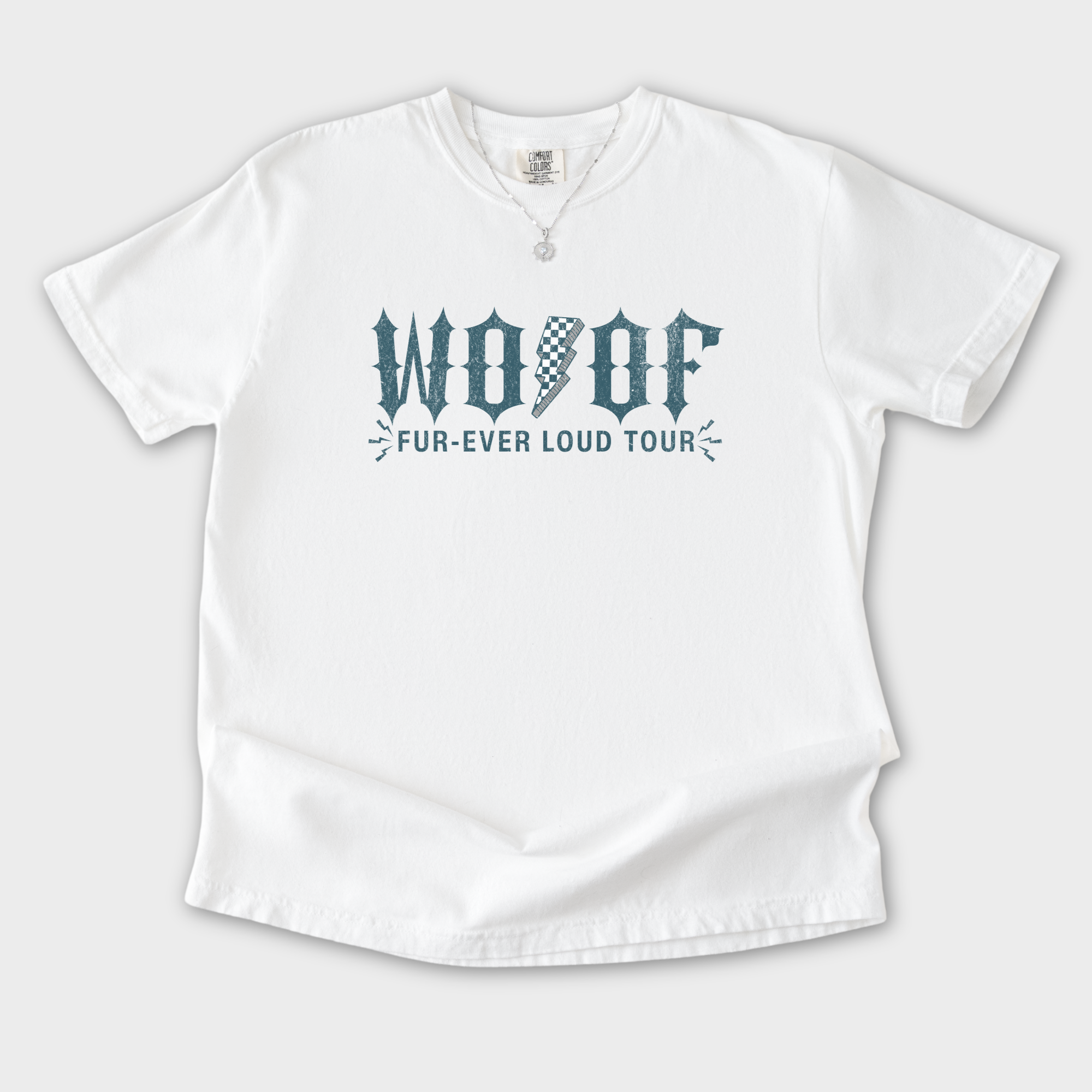 artistic-woof-furever-loud-tour-dog-graphic-comfort-colors-t-shirt-in-white - White Flat Lay Front