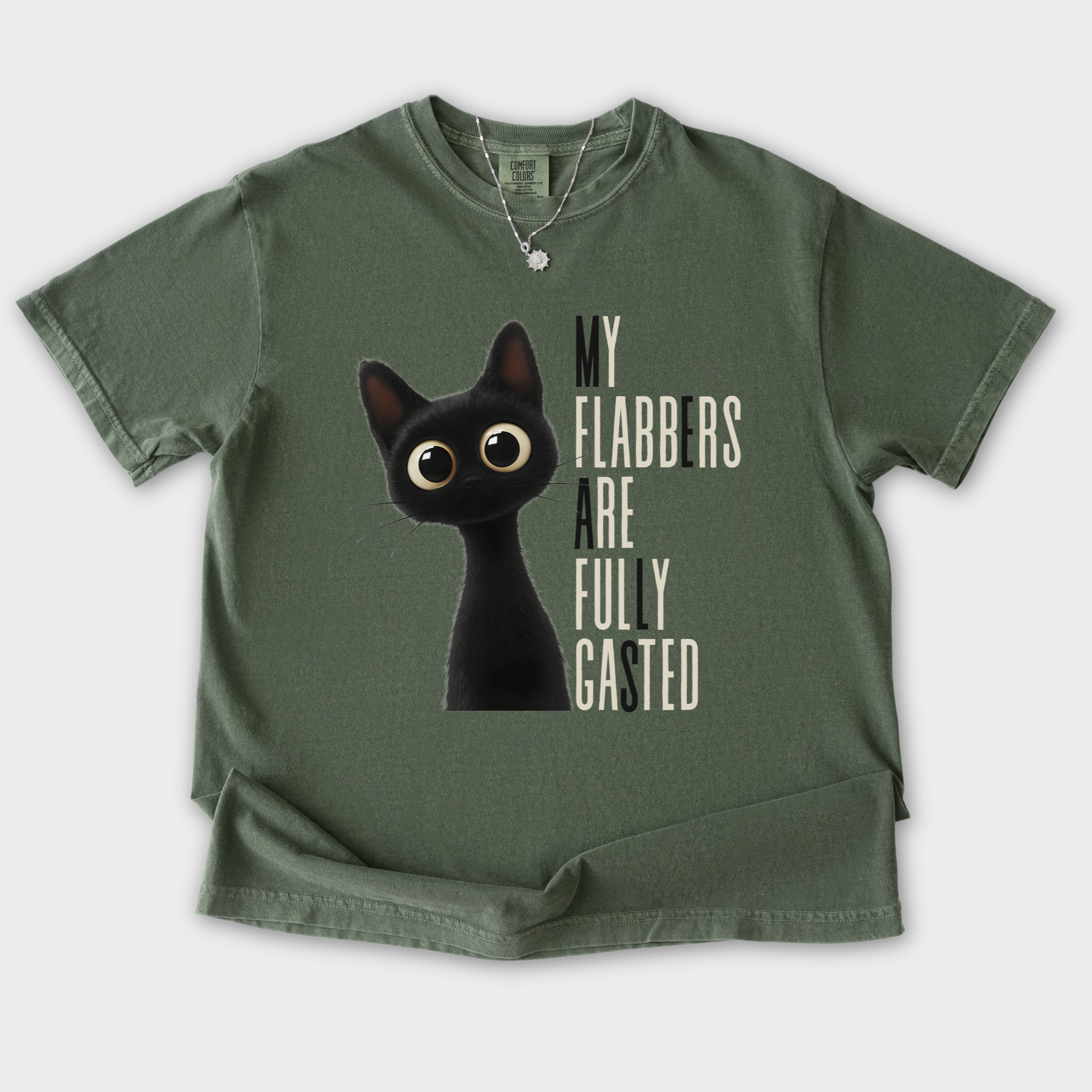 retro-my-flabbers-are-entirely-gasted-cat-graphic-comfort-colors-t-shirt-in-moss - Moss Flat Lay Front