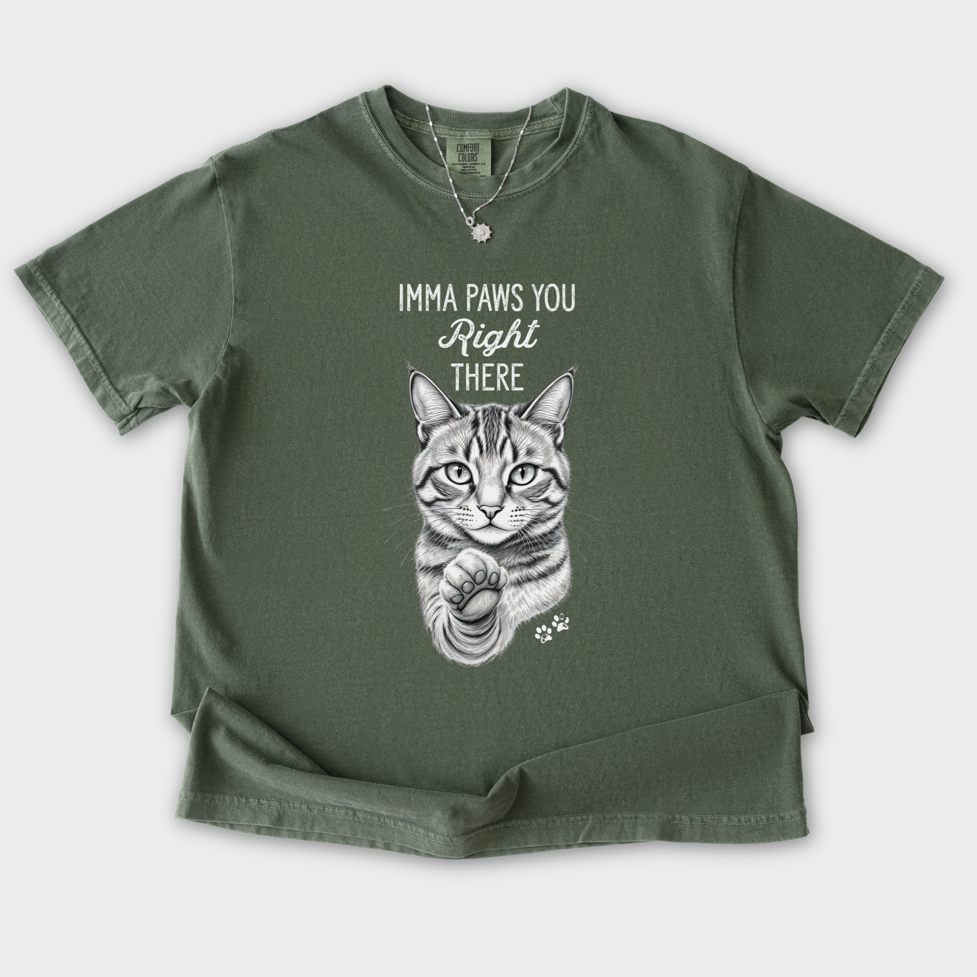 vintage-imma-paws-you-right-there-cat-line-art-comfort-colors-t-shirt-in-moss - Moss Flat Lay Front