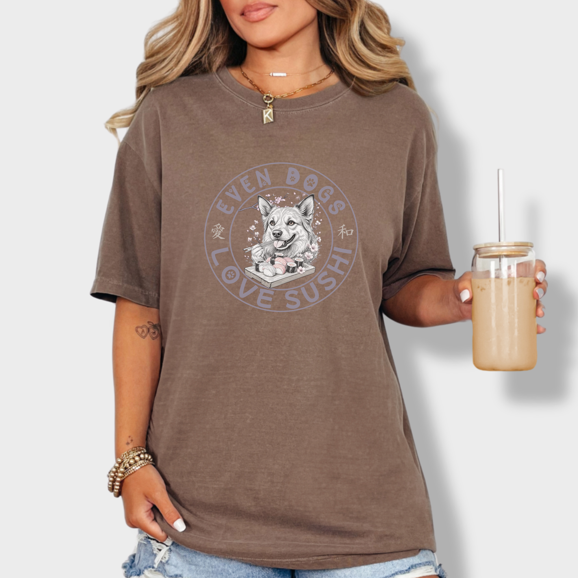 floral-even-dogs-love-sushi-plus-cherry-blossoms-dog-graphic-comfort-colors-t-shirt-in-espresso - Espresso Lifestyle Female Model
