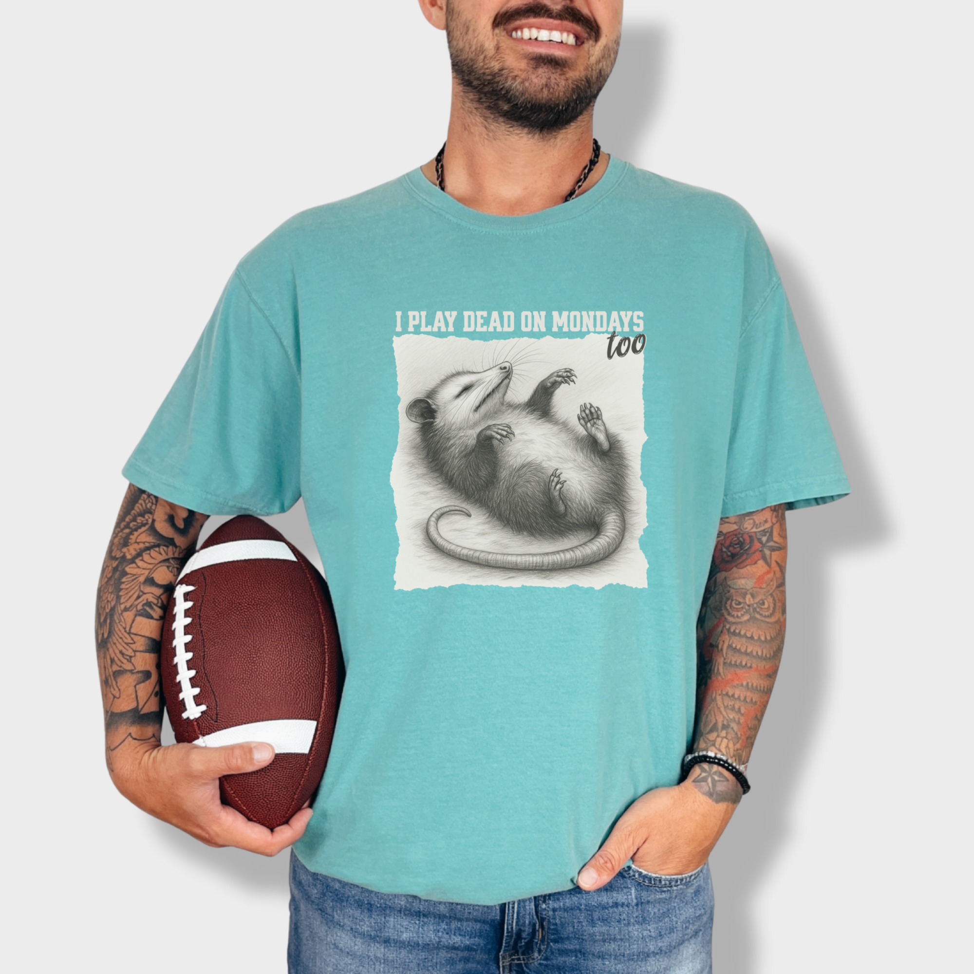 western-i-play-dead-on-mondays-too-feral-line-art-comfort-colors-t-shirt-in-seafoam - Seafoam Lifestyle Male Model