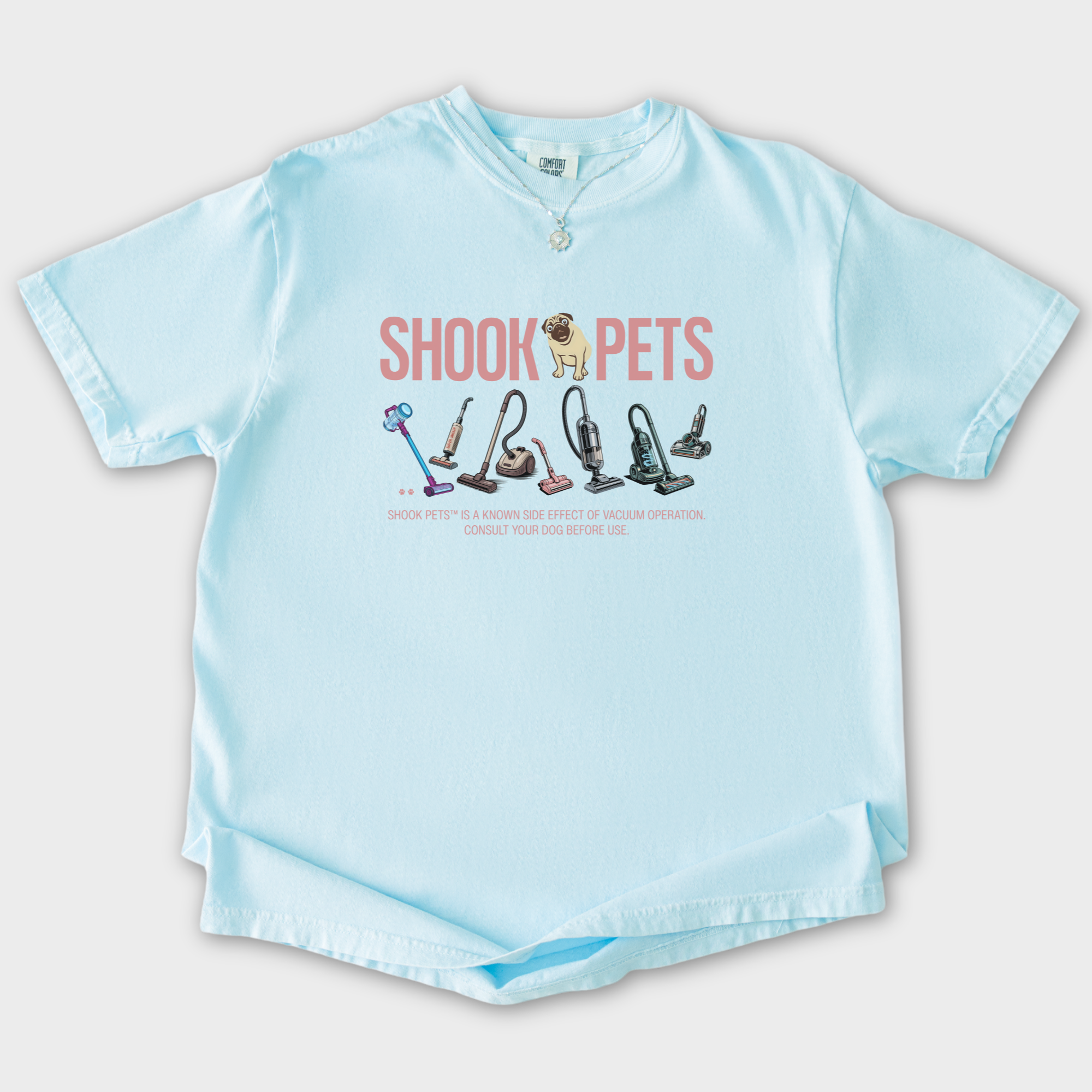 retro-shook-pets-vacuum-wars-dog-graphic-comfort-colors-t-shirt-in-chambray - Chambray Flat Lay Front