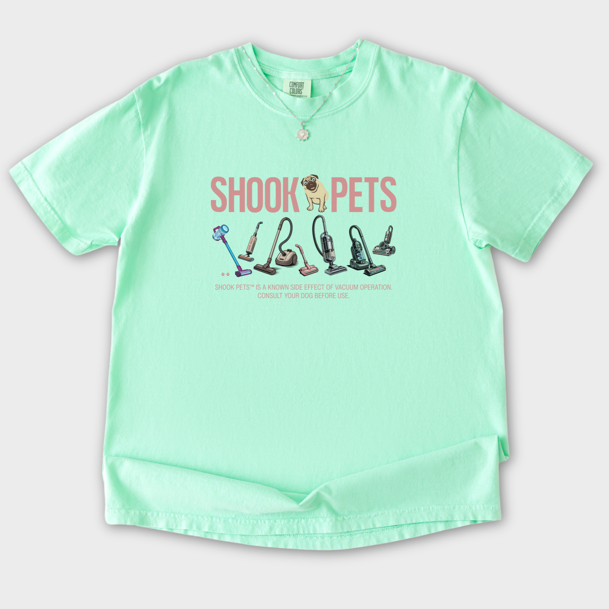 retro-shook-pets-vacuum-wars-dog-graphic-comfort-colors-t-shirt-in-island-reef - Island Reef Flat Lay Front