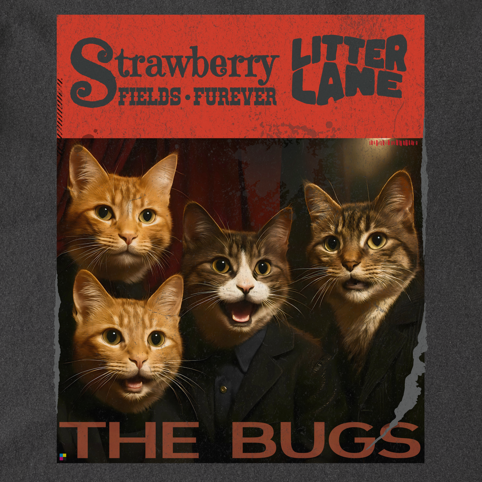 vintage-strawberry-fields-furever-litter-lane-famous-cat-musician-album-cover-cat-graphic-comfort-colors-t-shirt-in-pepper - Pepper Full Graphic