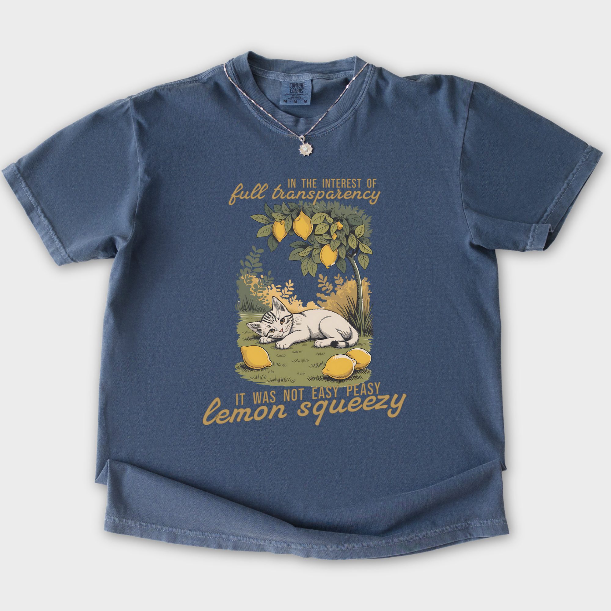 retro-not-so-easy-lemon-squeezy-cat-cat-graphic-comfort-colors-t-shirt-in-denim - Denim Flat Lay Front