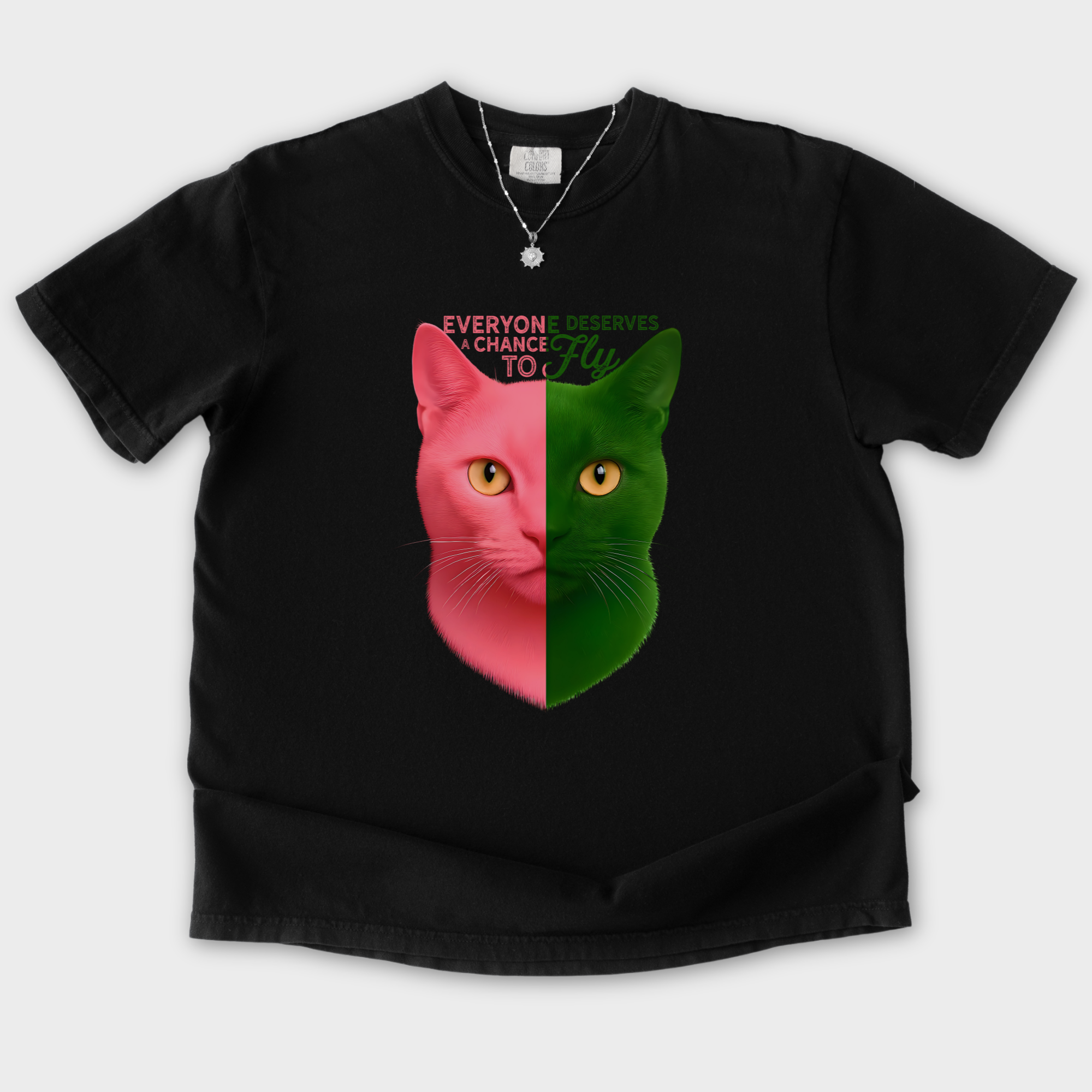 movie-inspired-everyone-deserves-a-chance-to-fly-cat-graphic-comfort-colors-t-shirt-in-black - Black Flat Lay Front