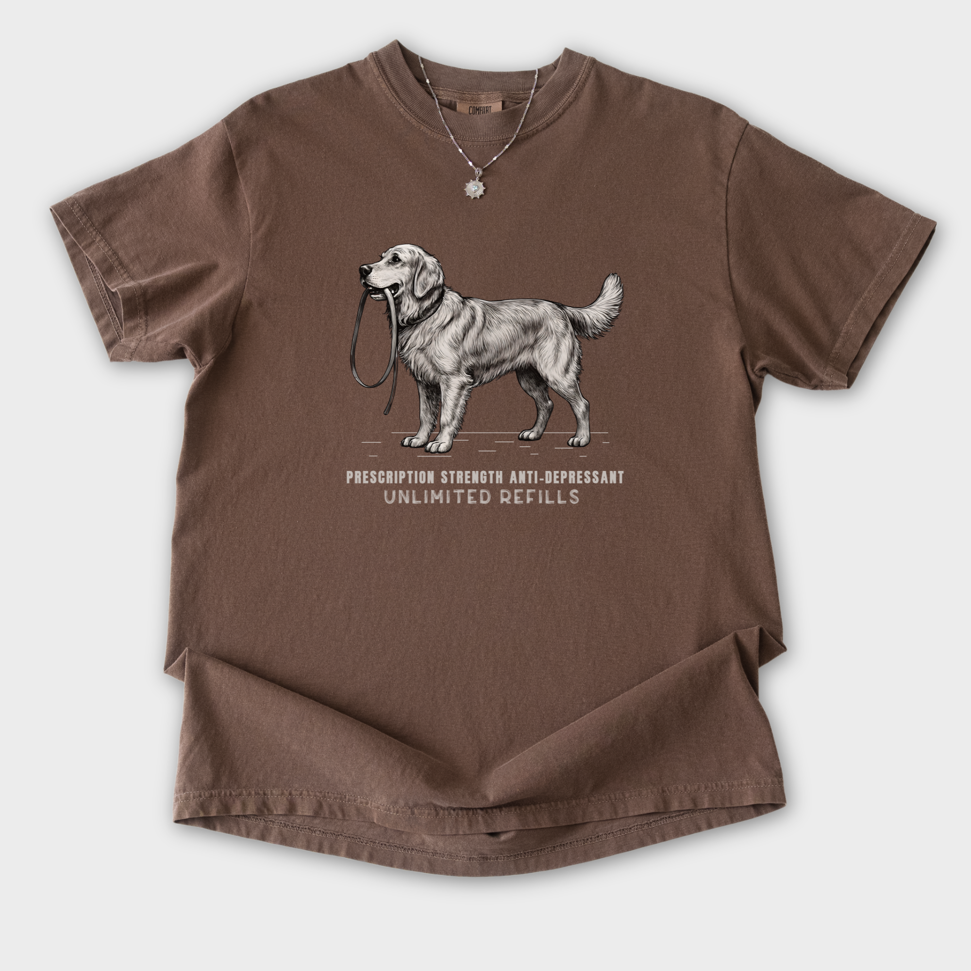 vintage-dog-walking-is-prescription-strength-anti-depressant-with-unllimited-refills-dog-graphic-comfort-colors-t-shirt-in-espresso - Espresso Flat Lay Front
