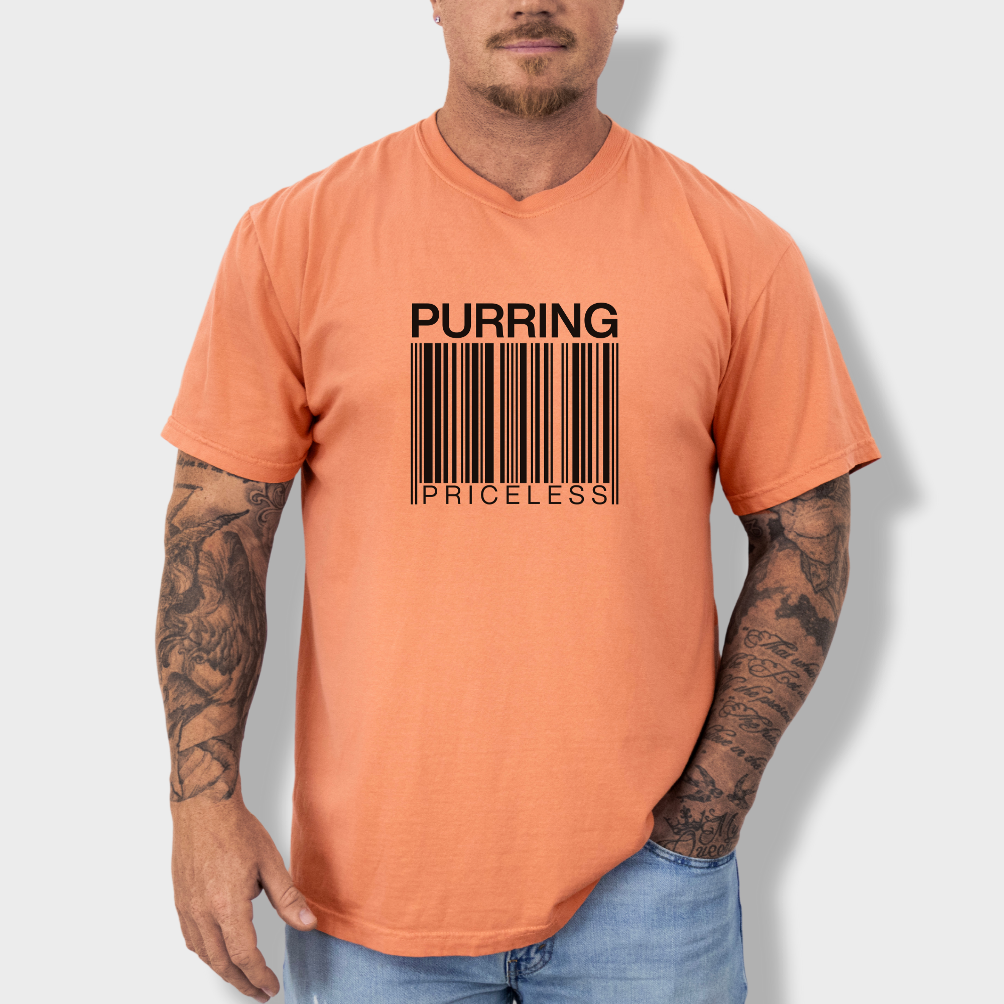 modern-purring-is-priceless-barcode-cat-graphic-comfort-colors-t-shirt-in-terracotta - Terracotta Lifestyle Male Model