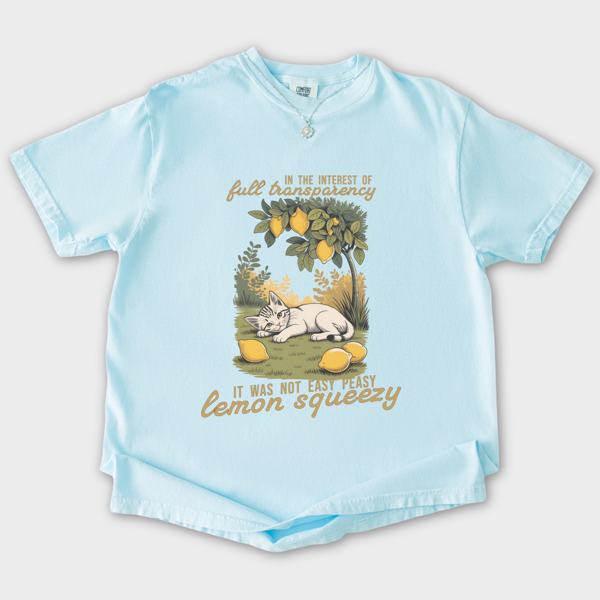 retro-not-so-easy-lemon-squeezy-cat-cat-graphic-comfort-colors-t-shirt-in-chambray - Chambray Flat Lay Front