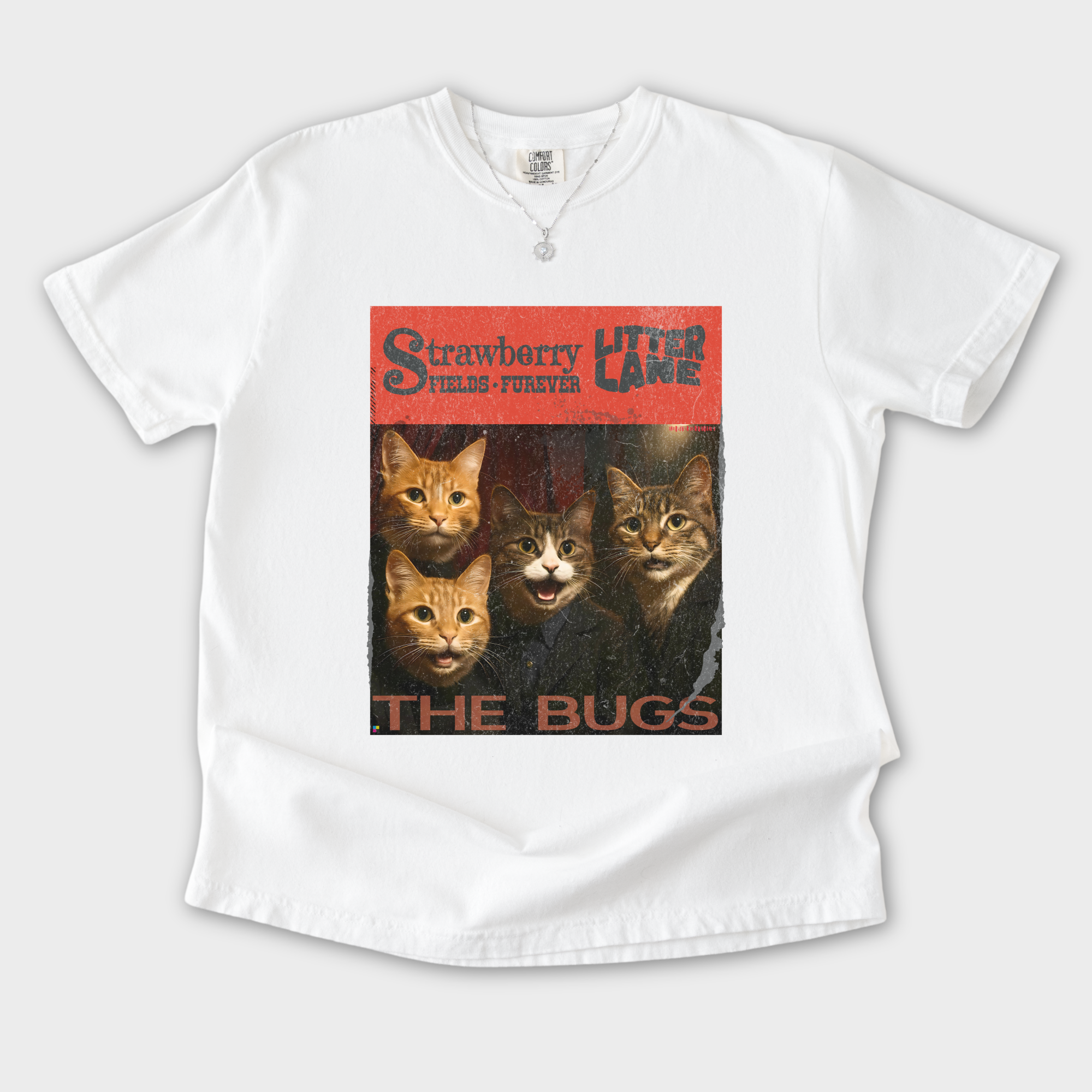 vintage-strawberry-fields-furever-litter-lane-famous-cat-musician-album-cover-cat-graphic-comfort-colors-t-shirt-in-white - White Flat Lay Front
