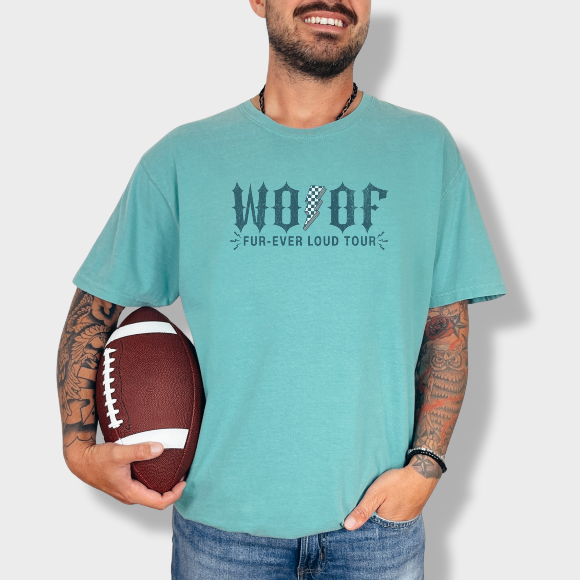 artistic-woof-furever-loud-tour-dog-graphic-comfort-colors-t-shirt-in-seafoam - Seafoam Lifestyle Male Model
