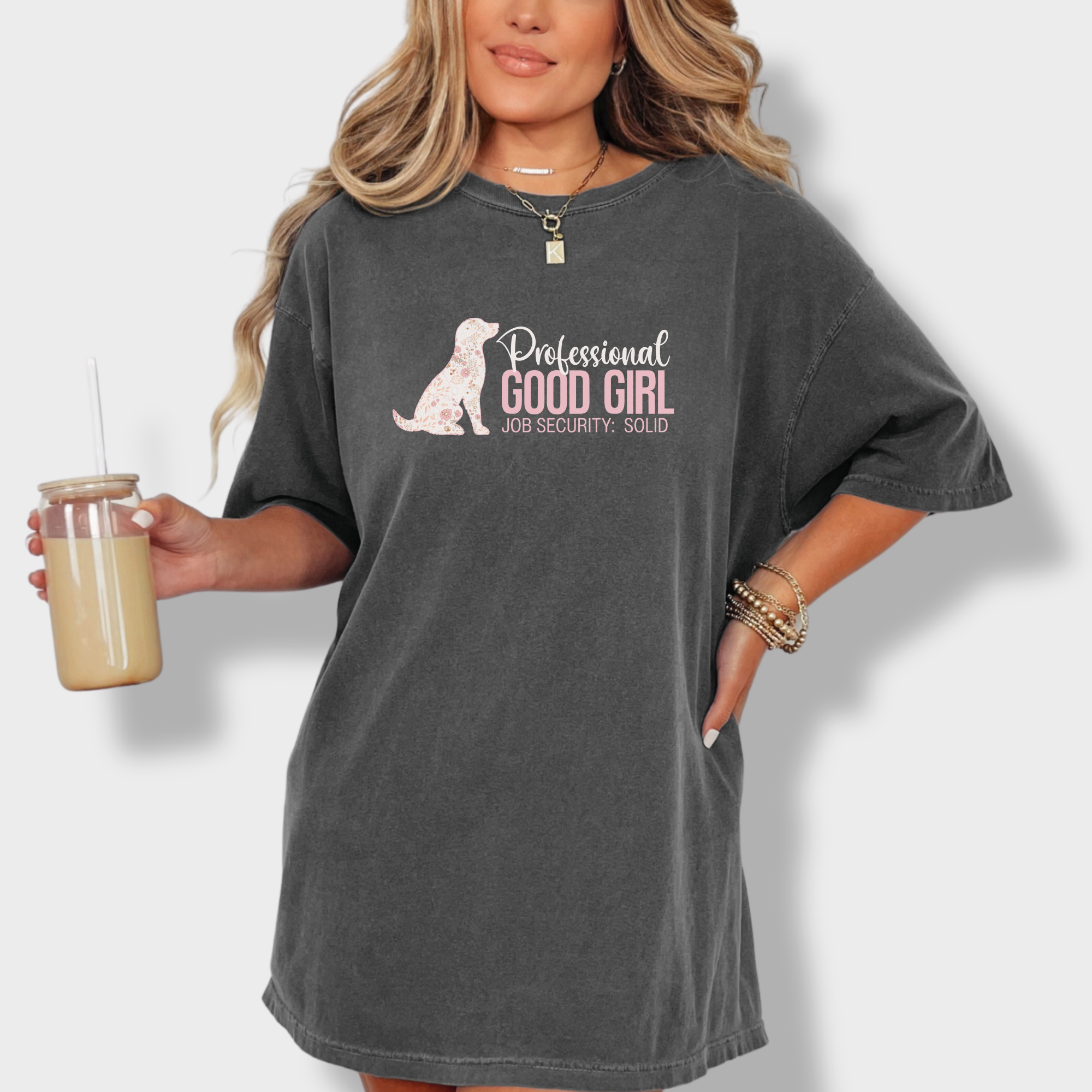 floral-professional-good-girl-solid-job-security-dog-graphic-comfort-colors-t-shirt-in-pepper - Pepper Lifestyle Female Model